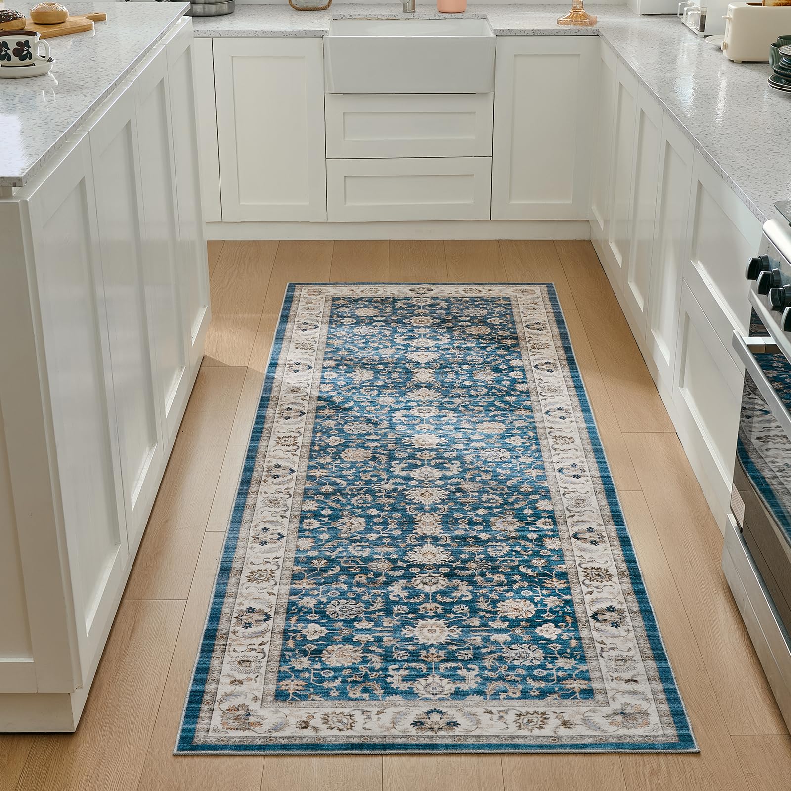 WITSHOCK 10x14 Area Rugs Living Room: Washable Large Neutral Vintage Soft Rug Stain Resistant Non-Slip Farmhouse Indoor Low Pile Floor Carpet for Bedroom Nursery Kids Office- Light Blue