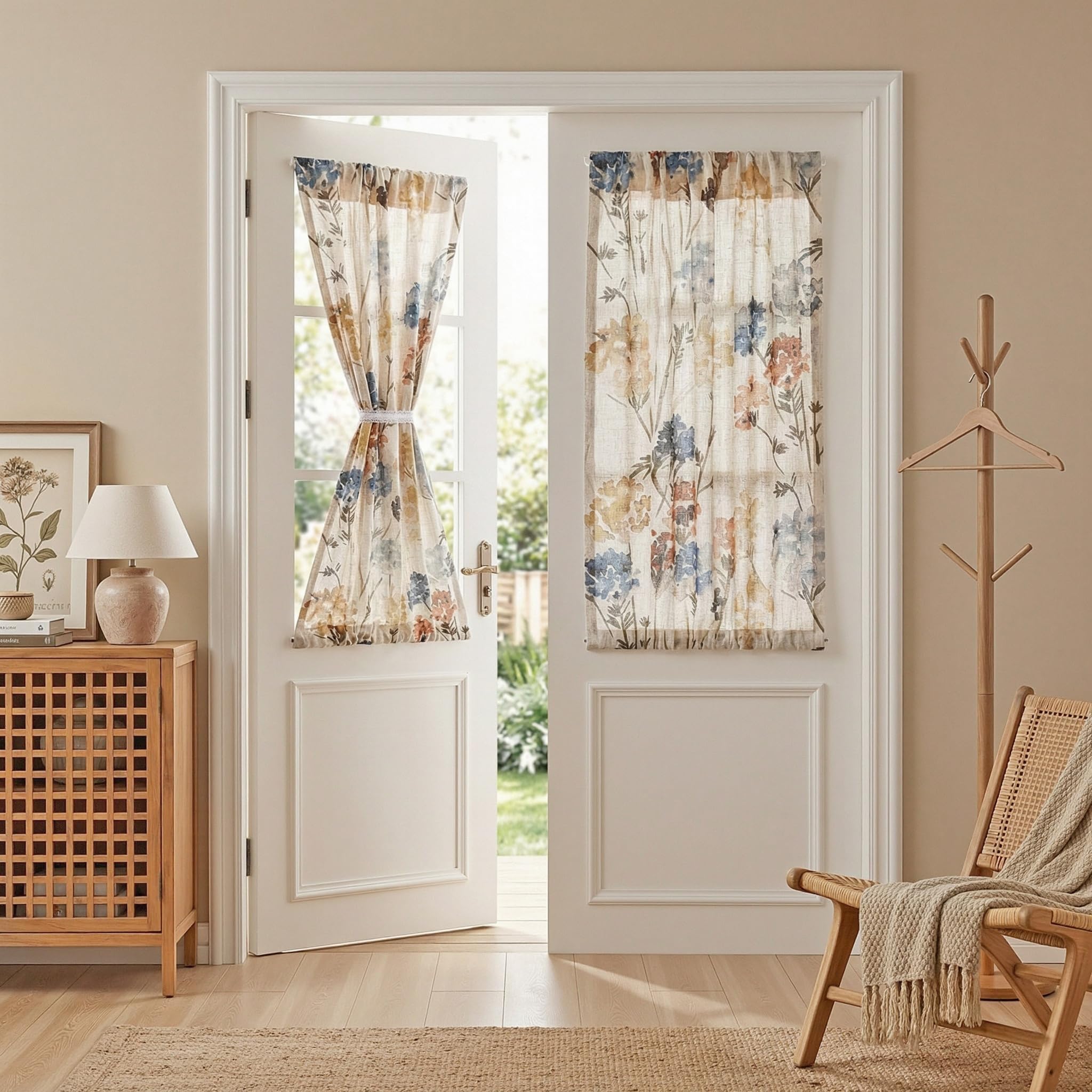 MYSKY HOME Floral Curtains for Living Room Linen Look Semi Sheer Vertical Light Filtering Privacy Drapes Decor Farmhouse Style Texture for Bedroom Dining Room, Brown, W52 x L84, Pack-2