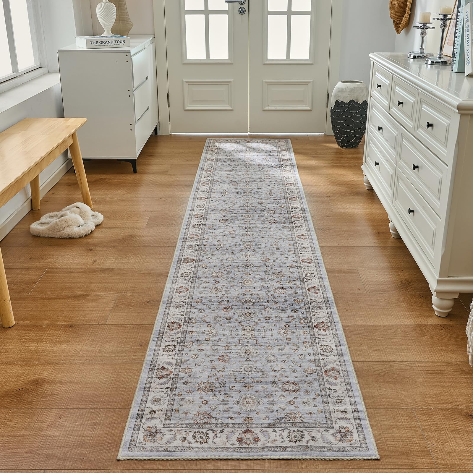 WITSHOCK 10x14 Area Rugs Living Room: Washable Large Neutral Vintage Soft Rug Stain Resistant Non-Slip Farmhouse Indoor Low Pile Floor Carpet for Bedroom Nursery Kids Office- Light Blue