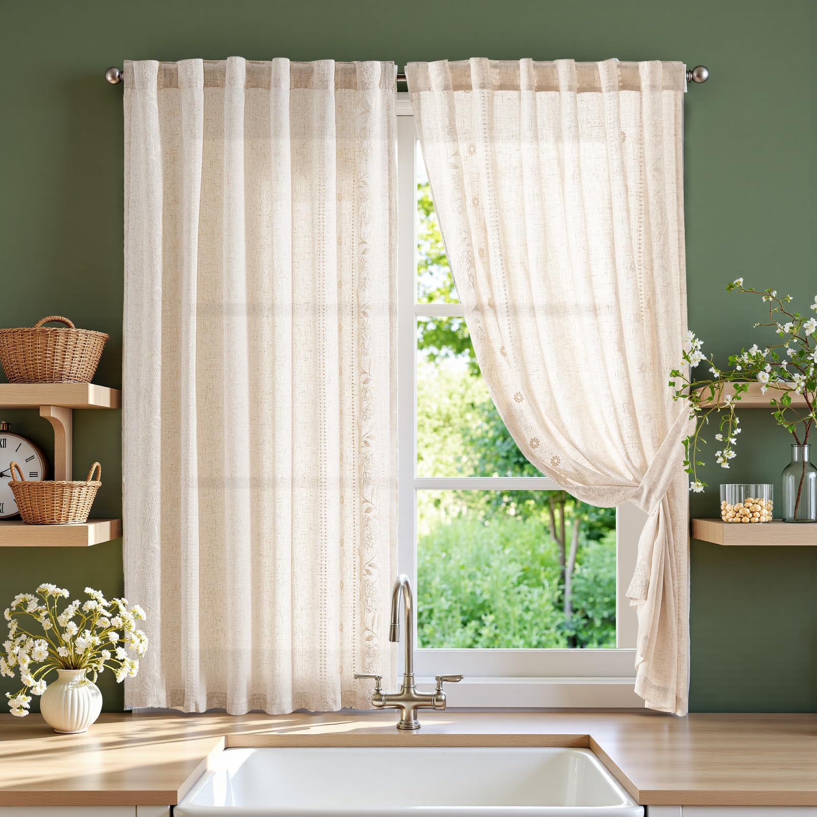 jinchan Winslow Linen Curtains for Bedroom 84 Inches Length Embroidered Bordered Floral Curtains for Living Room Farmhouse Decor Light Filtering Window Treatments Blue on Beige Drapes 2 Panels