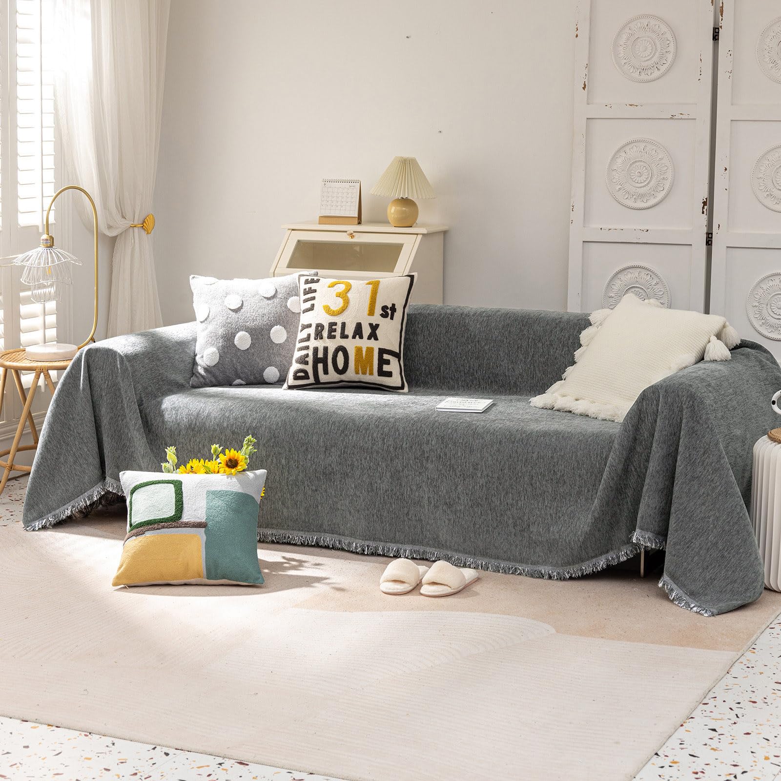 VClife Boho Couch Cover, Washable Sofa Cover for Dog, Non Slip Couch Covers for 3 Cushion Couch, Modern Khaki Creamy White Geometric Sofa Slipcovers Multi-Functional Furniture Protector 71'' x 134''
