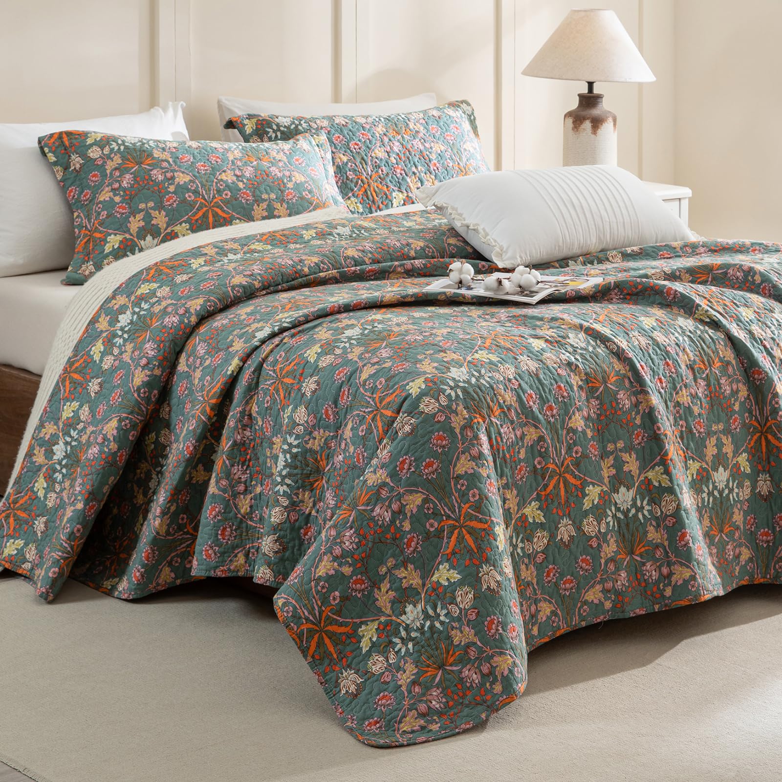 Sanracie 100% Cotton Quilt Queen Size(90"x98")-Floral Quilted Bedspreads Set,3pcs Yellow Wild Flower Botanical Printed Pattern Quilt Bedding Coverlet Summer Soft Lightweight Aesthetic Bedding