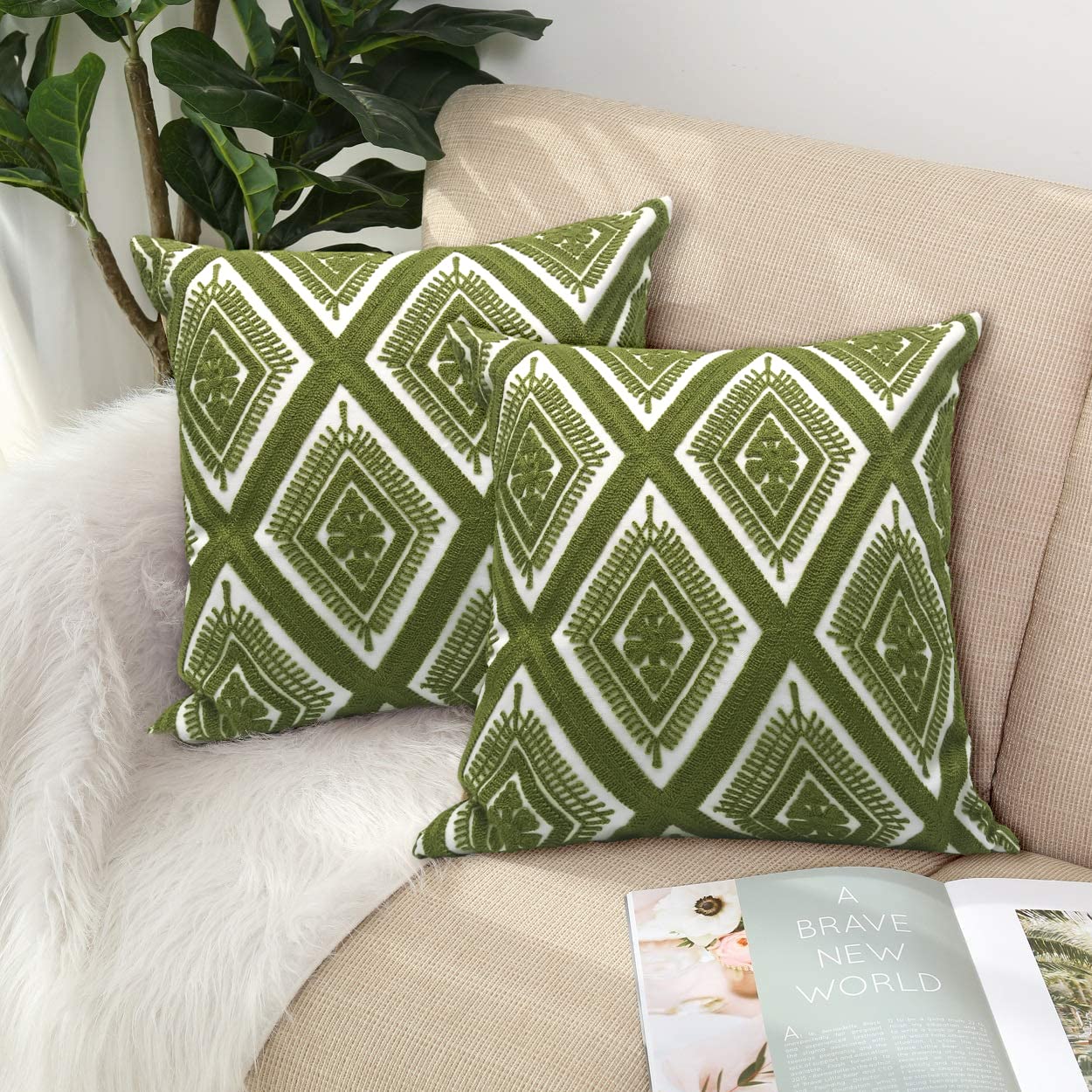 Navy Blue Boho Geometric Pillow Covers 18x18", Set of 2 Embroidered Cotton Cushion Cases