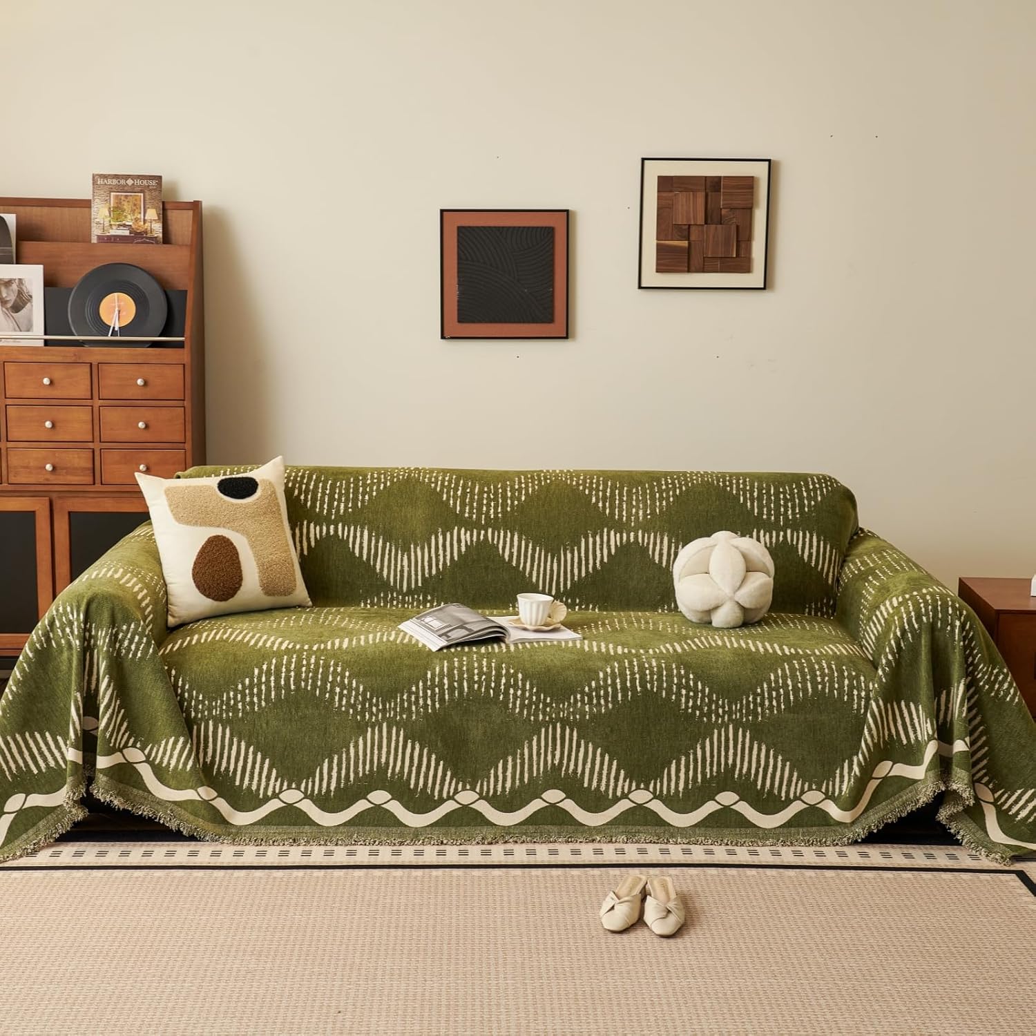 Green Geometric Couch Cover for 3 Cushion Sofa, Boho Reversible Couch Cover Sectional L Shape, Modern Home Decor Chenille Non Slip Washable Large Couch Protector for Dogs 71"x118"
