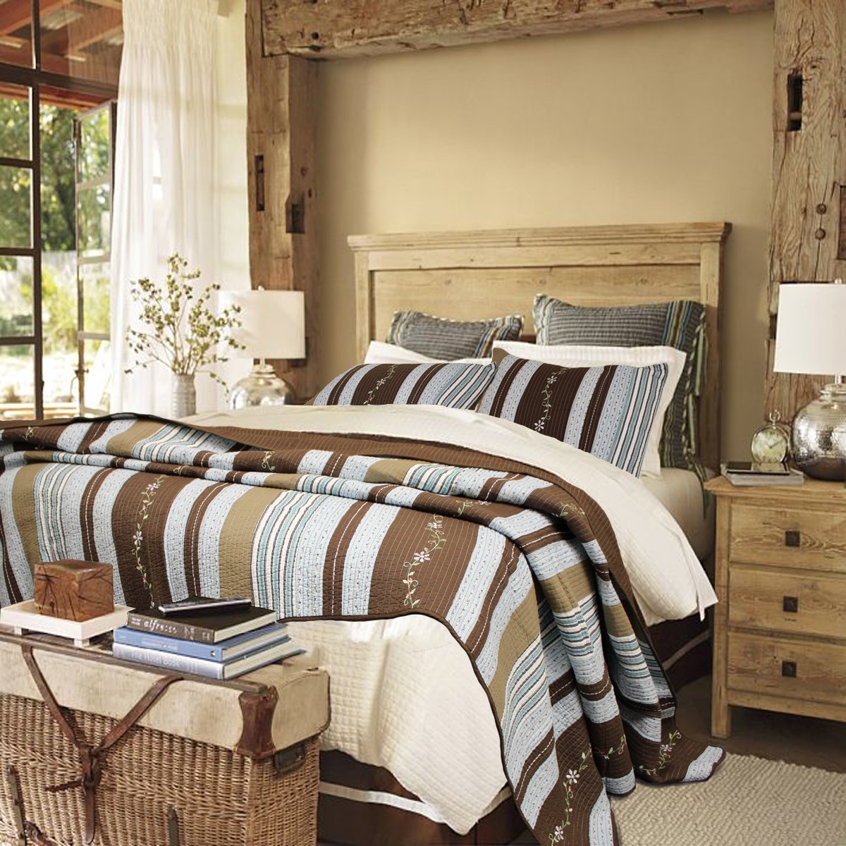 Cozy Line Home Fashions 100% Cotton Reversible Quilt Bedding Set, Classic Taupe Tan Striped Patchwork All-Season Coverlet Bedspread (Winter Plains, Queen-3 Piece)