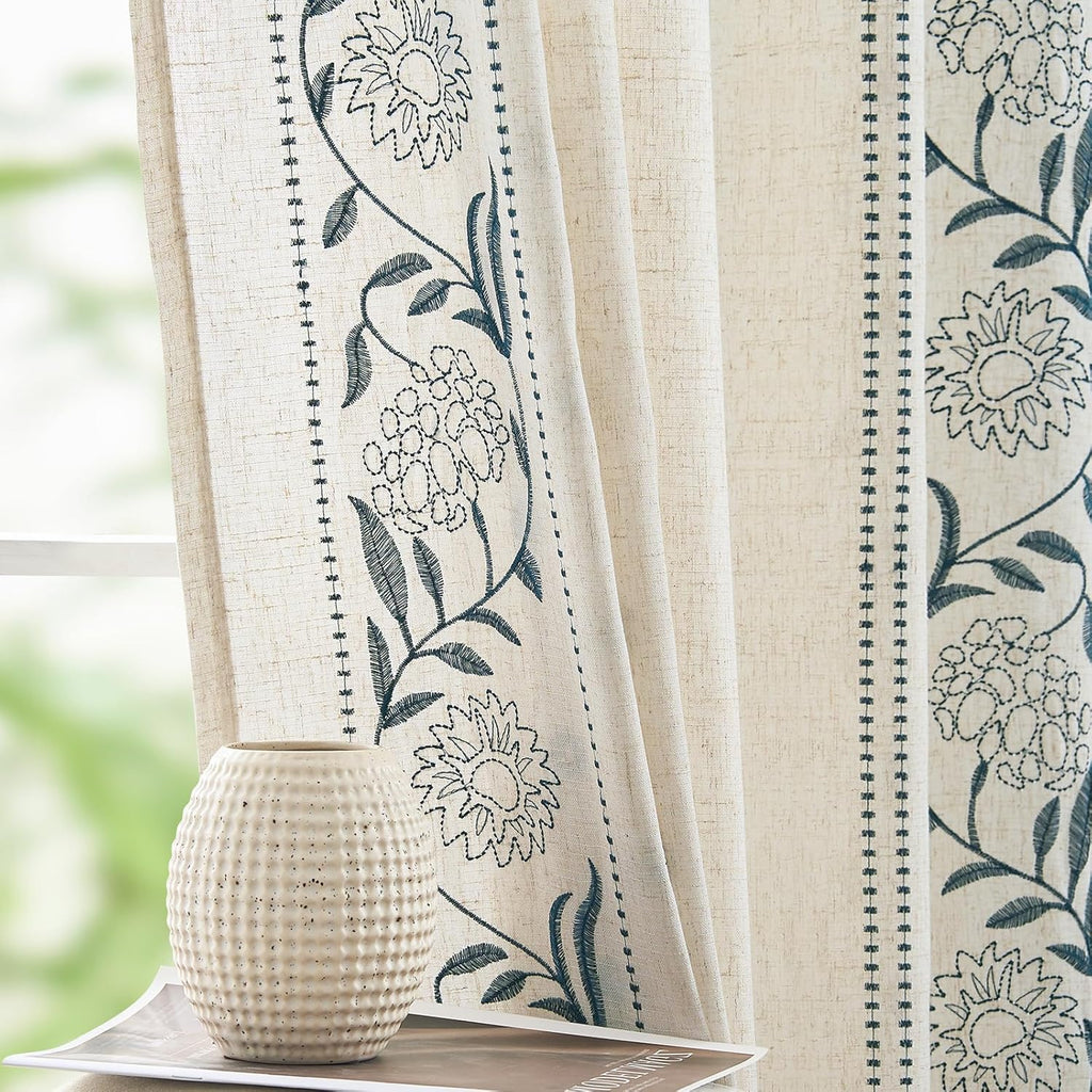 jinchan Winslow Linen Curtains for Bedroom 84 Inches Length Embroidered Bordered Floral Curtains for Living Room Farmhouse Decor Light Filtering Window Treatments Blue on Beige Drapes 2 Panels