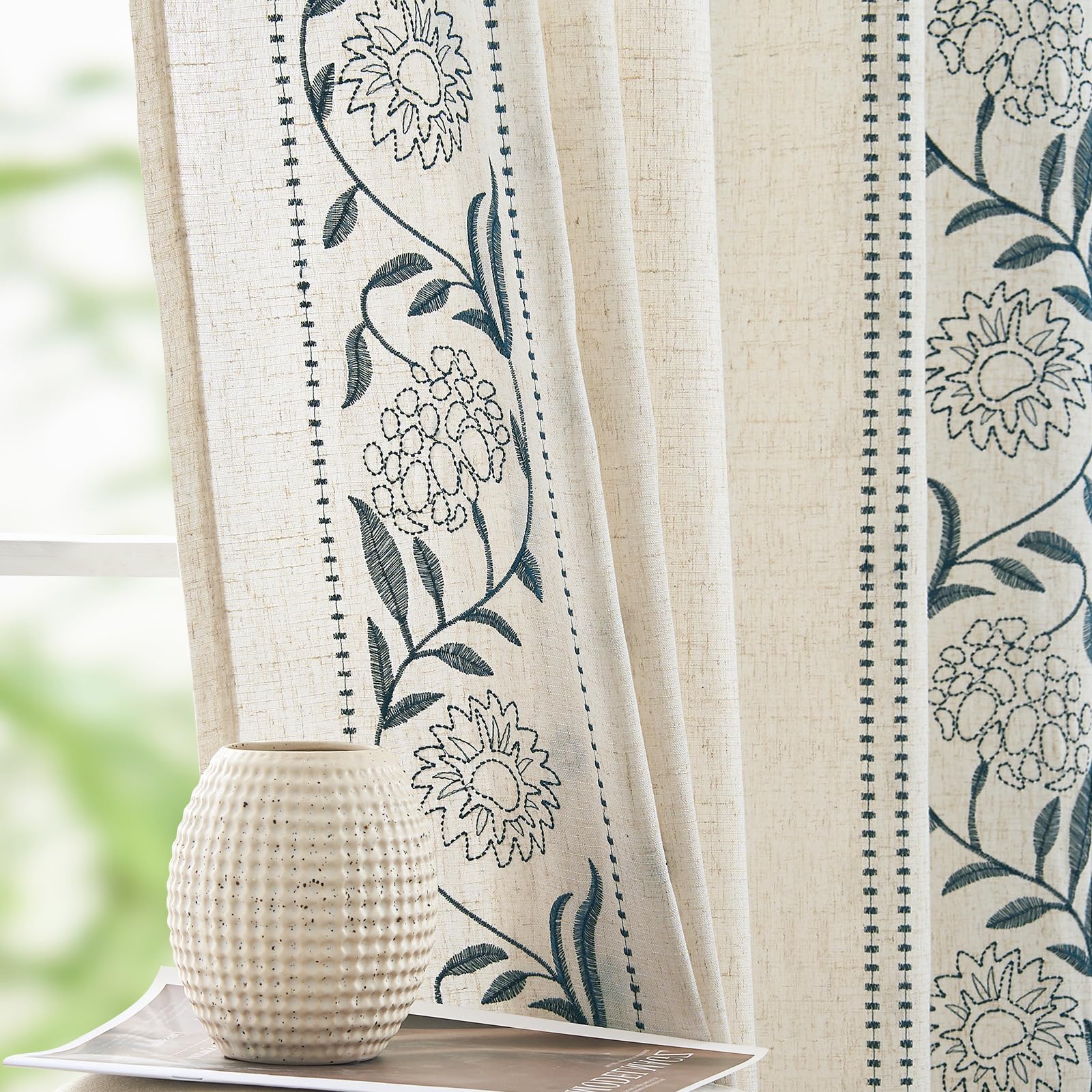jinchan Winslow Linen Curtains for Bedroom 84 Inches Length Embroidered Bordered Floral Curtains for Living Room Farmhouse Decor Light Filtering Window Treatments Blue on Beige Drapes 2 Panels