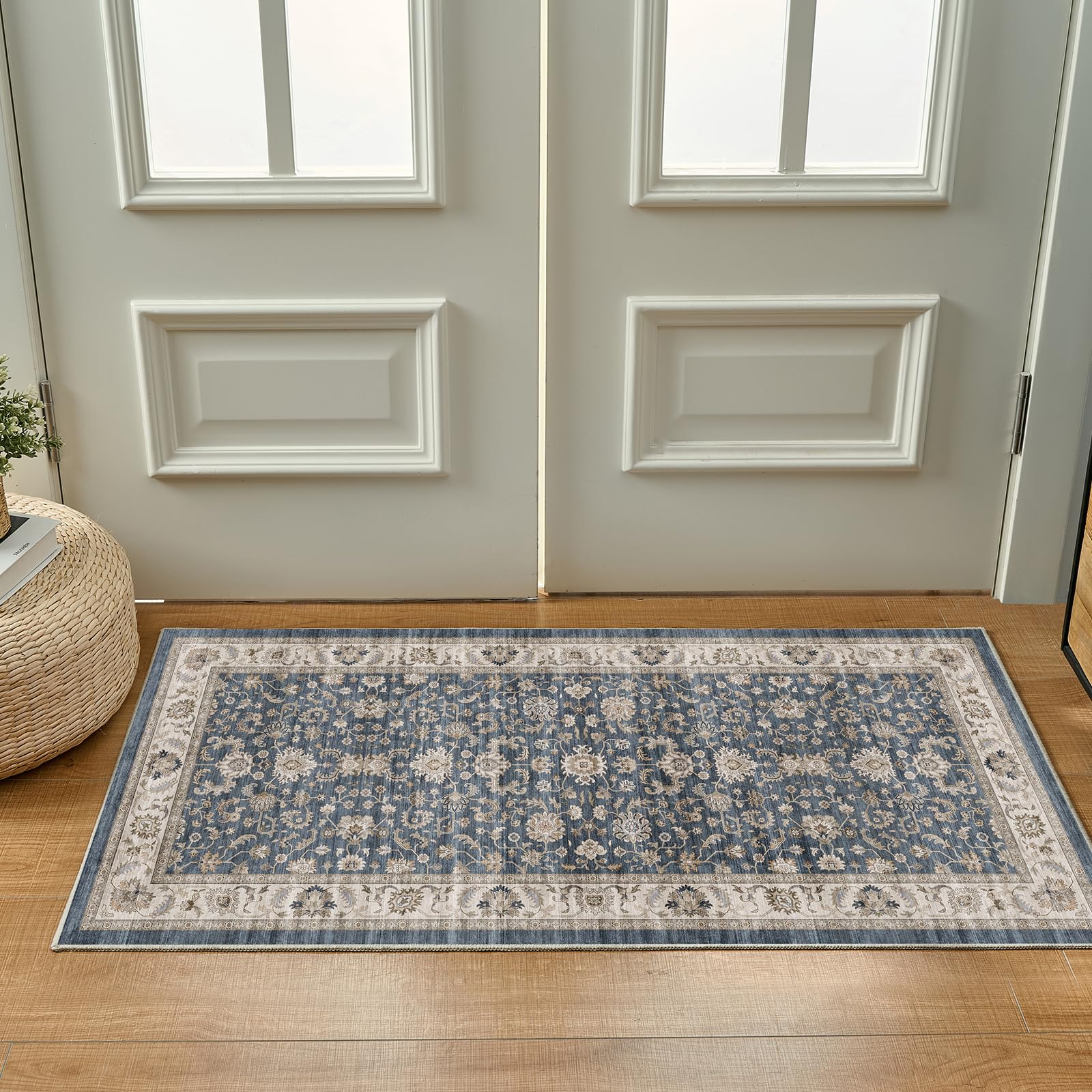 WITSHOCK 10x14 Area Rugs Living Room: Washable Large Neutral Vintage Soft Rug Stain Resistant Non-Slip Farmhouse Indoor Low Pile Floor Carpet for Bedroom Nursery Kids Office- Light Blue