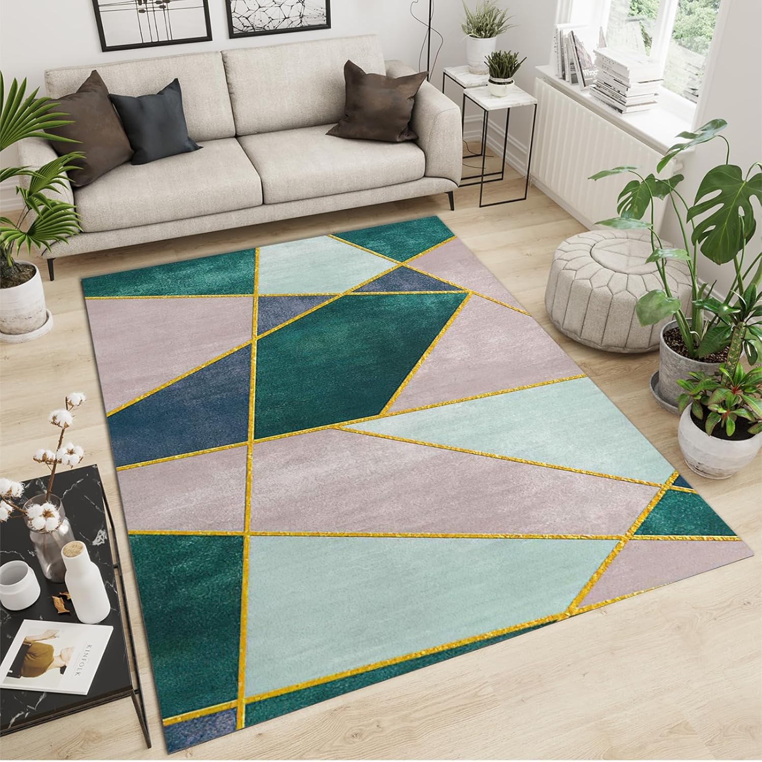 5x6 Area Rug Nordic Light Luxury Rugs for Bedroom, Emerald Green Pink Blue Gold Geometric Bedroom Rug Aesthetic Easy to Clean for Indoor Outdoor Hardwood Floors Home Decor
