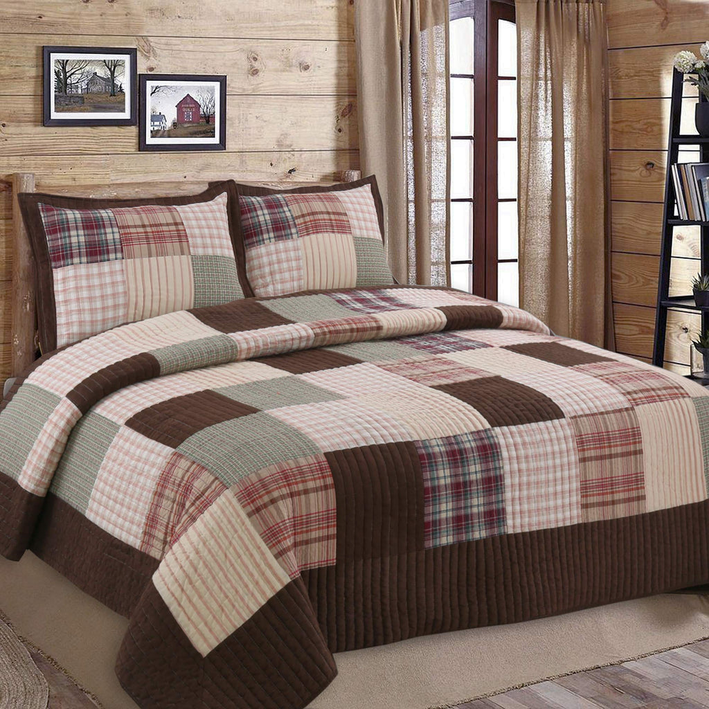 Khaki Red Farmhouse Patchwork Quilt Set, Queen Size 3-Piece Reversible Cotton Bedding