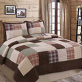 Khaki Red Farmhouse Patchwork Quilt Set, Queen Size 3-Piece Reversible Cotton Bedding