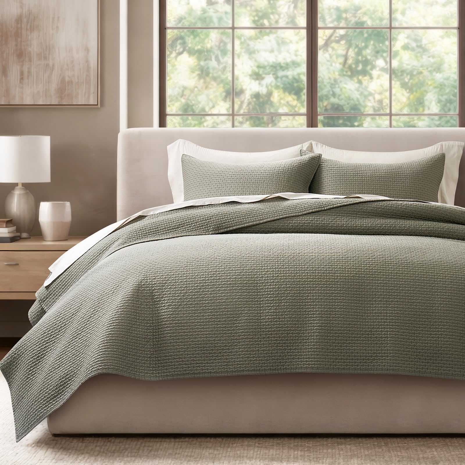 EVERGRACE Cotton Sateen Pick-Stitch Quilt Set Queen Size – 100% Cotton Coverlet Bedding, Pre-Washed Oversized Bedspread, Breathable All-Season Quilt Set with 2 Shams, Stone Taupe