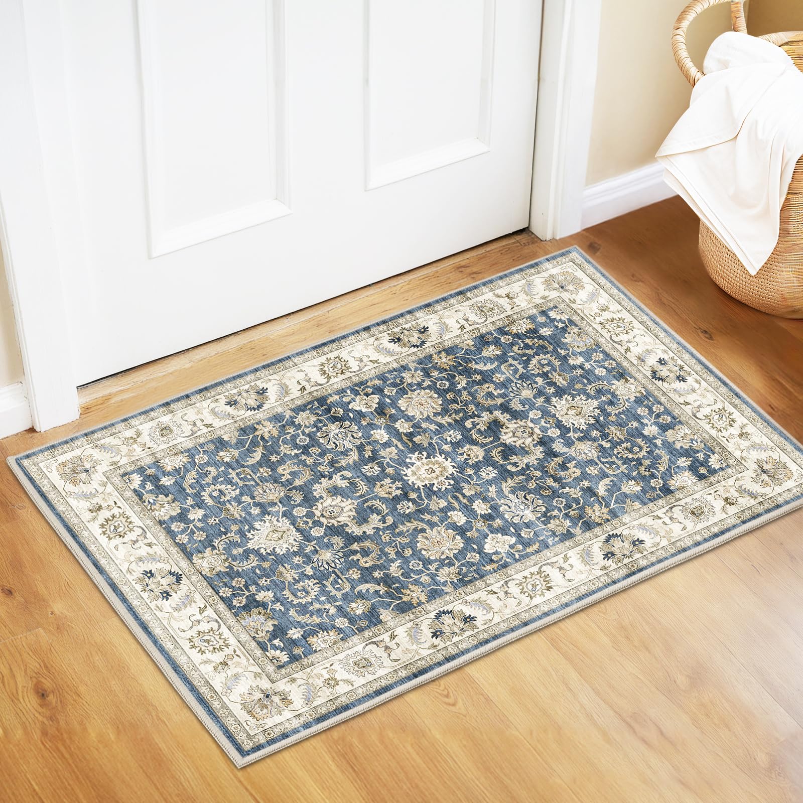 WITSHOCK 10x14 Area Rugs Living Room: Washable Large Neutral Vintage Soft Rug Stain Resistant Non-Slip Farmhouse Indoor Low Pile Floor Carpet for Bedroom Nursery Kids Office- Light Blue