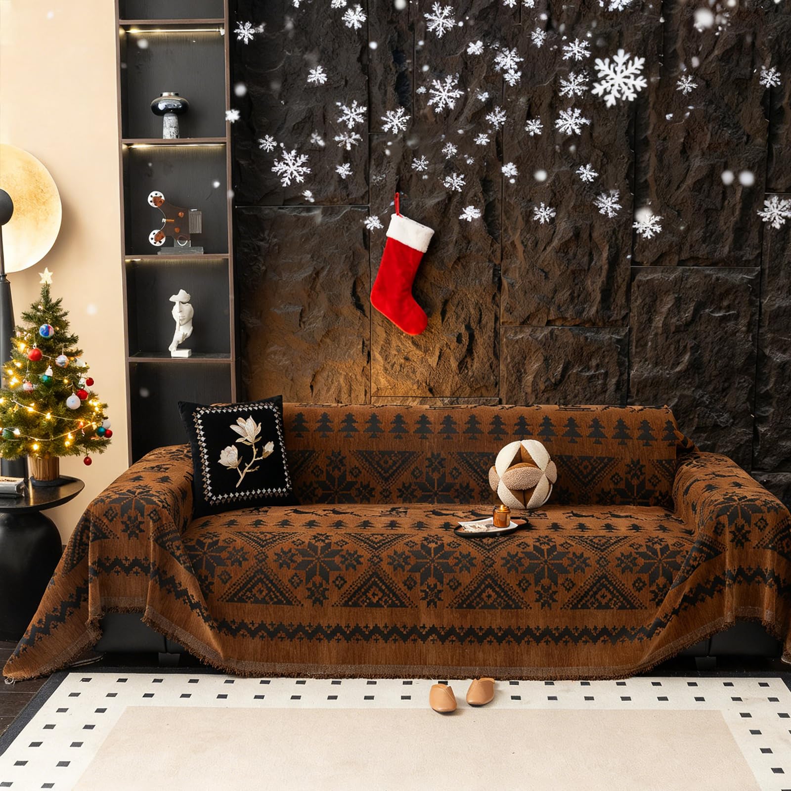 VClife Boho Couch Cover Blue Geometric Jacquard Pattern Sofa Cover, 1 Piece Large Couch Covers for 3 Cushion Couch Sofa Washable Plush Chenille Sofa Protector for Living Room, 71x134 Inch