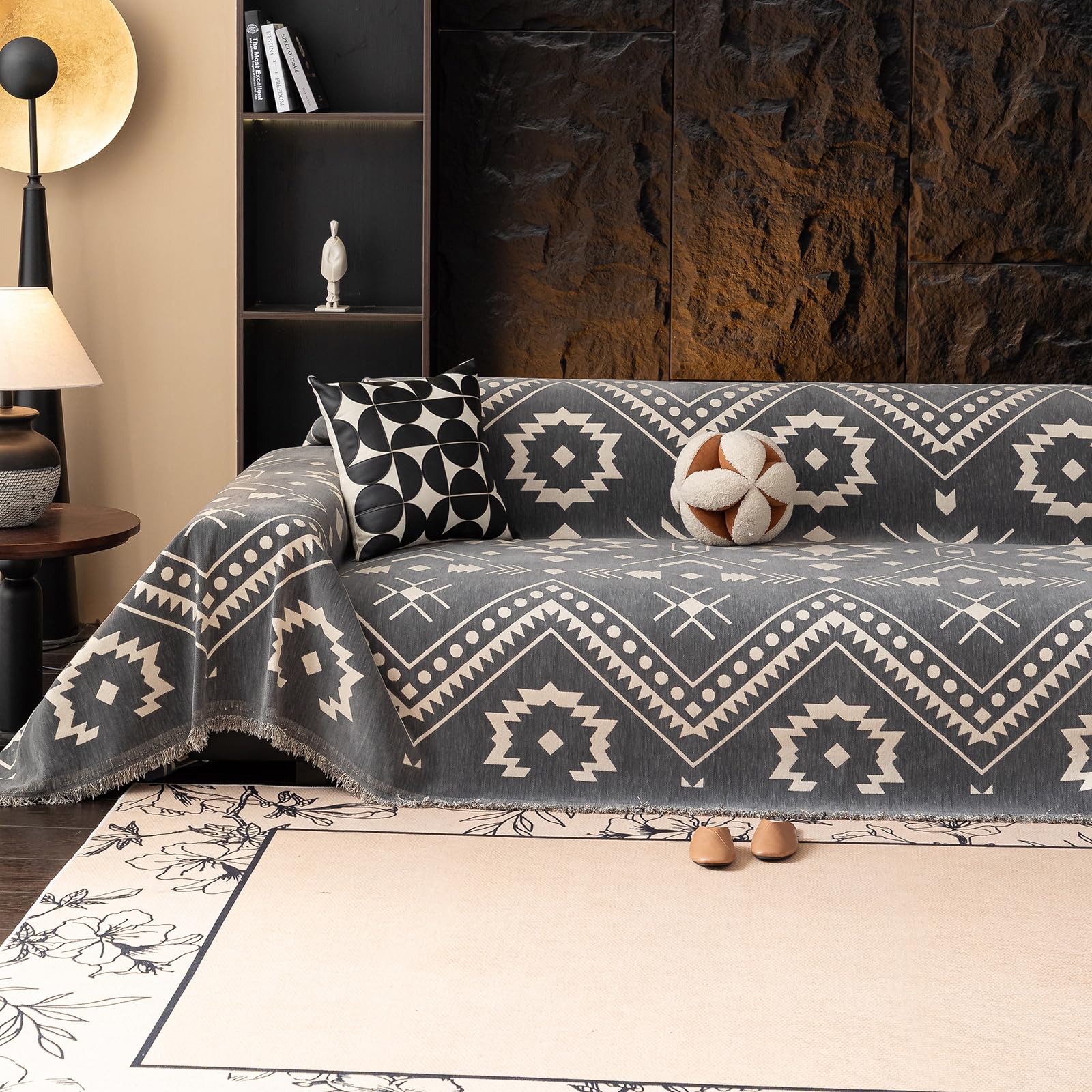 VClife Boho Couch Cover Blue Geometric Jacquard Pattern Sofa Cover, 1 Piece Large Couch Covers for 3 Cushion Couch Sofa Washable Plush Chenille Sofa Protector for Living Room, 71x134 Inch