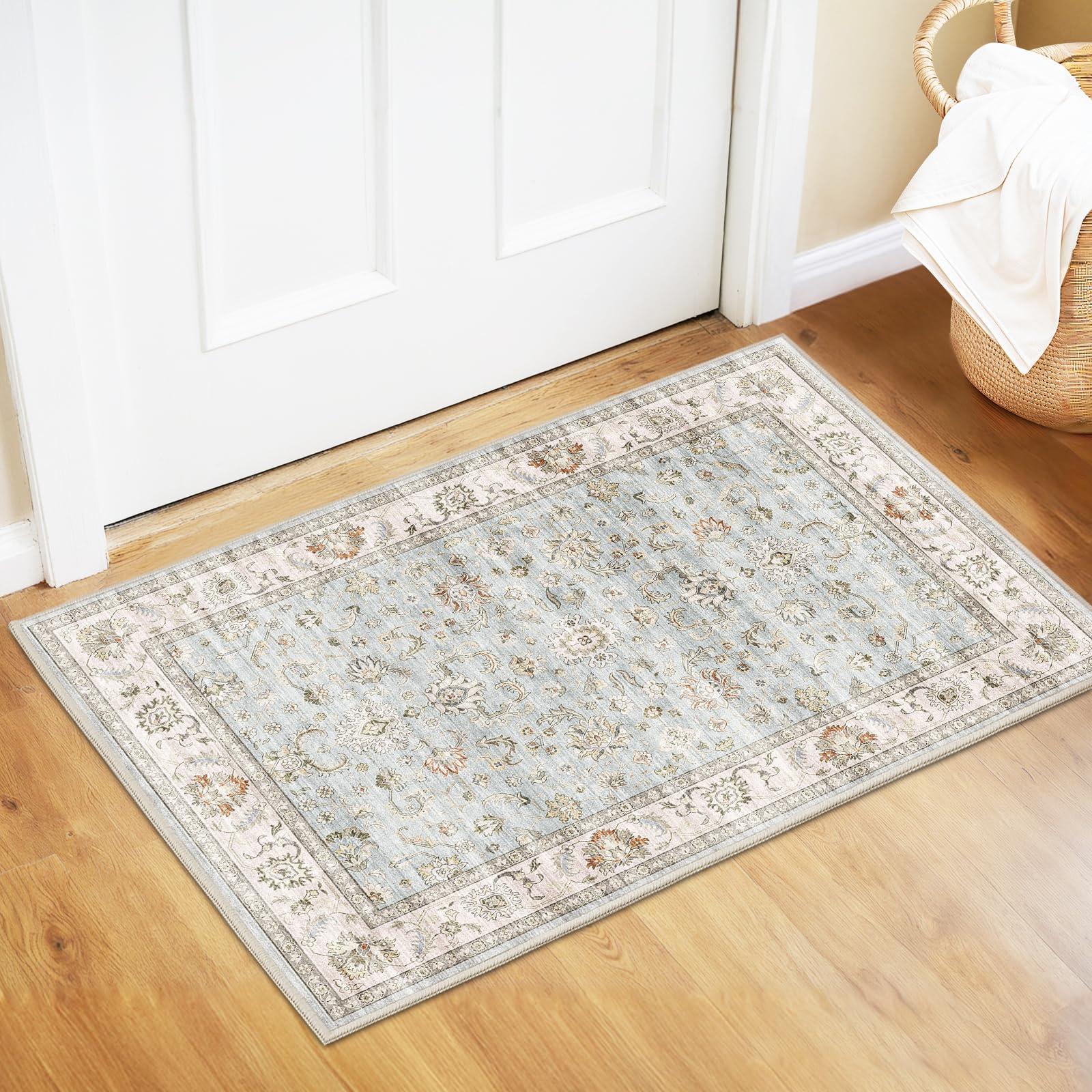 WITSHOCK 10x14 Area Rugs Living Room: Washable Large Neutral Vintage Soft Rug Stain Resistant Non-Slip Farmhouse Indoor Low Pile Floor Carpet for Bedroom Nursery Kids Office- Light Blue