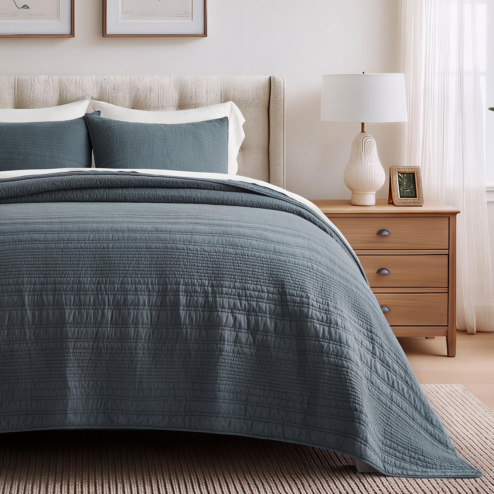 EVERGRACEHOME 100% Cotton Modern Lines Quilt Set Queen Size, Pre-Washed Soft Striped Coverlet Bedspread, 3 Piece Lightweight Bedding Set for All Season, with 2 Pillow Shams, Stone Taupe