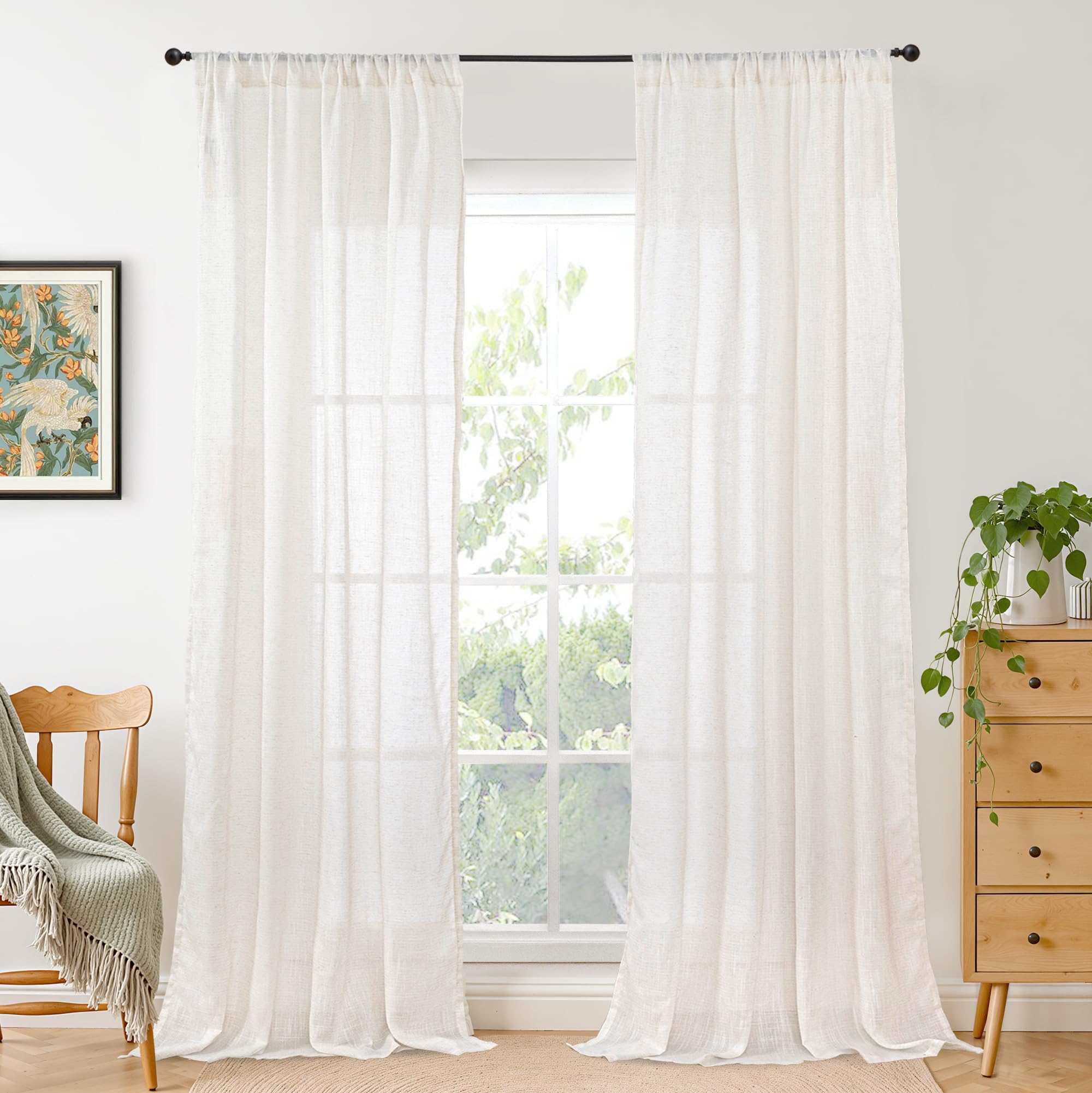 BGment 80 Inches Long Natural Linen Curtains 2 Panels Set - Burlap Light Filtering Window Drapes with Rod Pocket Semi Sheer for Farmhouse Bedroom Decor Rustic, 52 Inch Wide Each Panel