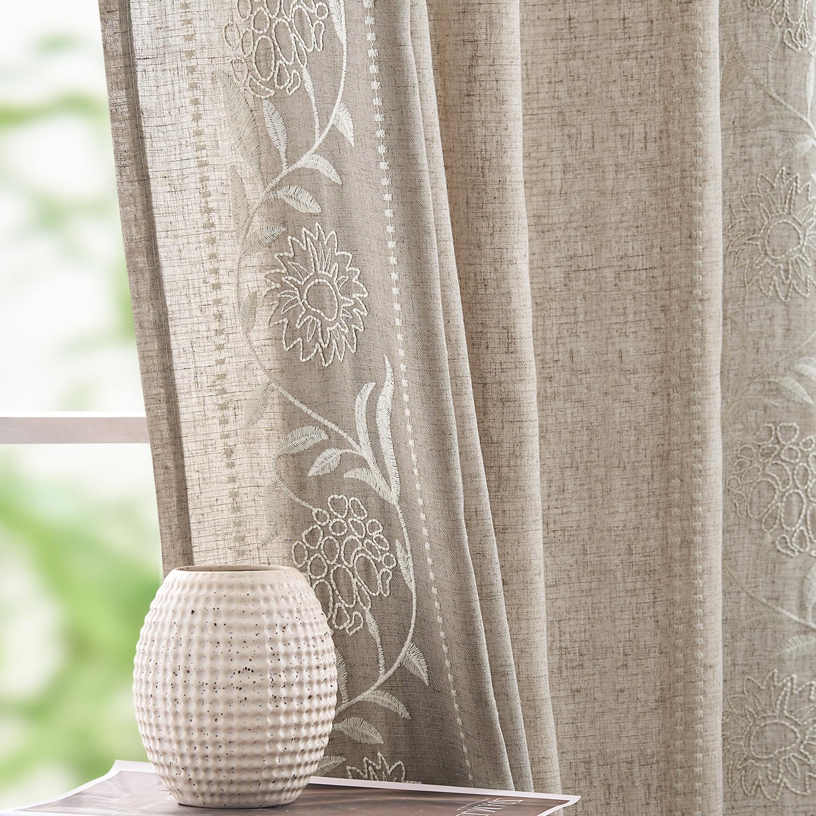 jinchan Winslow Linen Curtains for Bedroom 84 Inches Length Embroidered Bordered Floral Curtains for Living Room Farmhouse Decor Light Filtering Window Treatments Blue on Beige Drapes 2 Panels