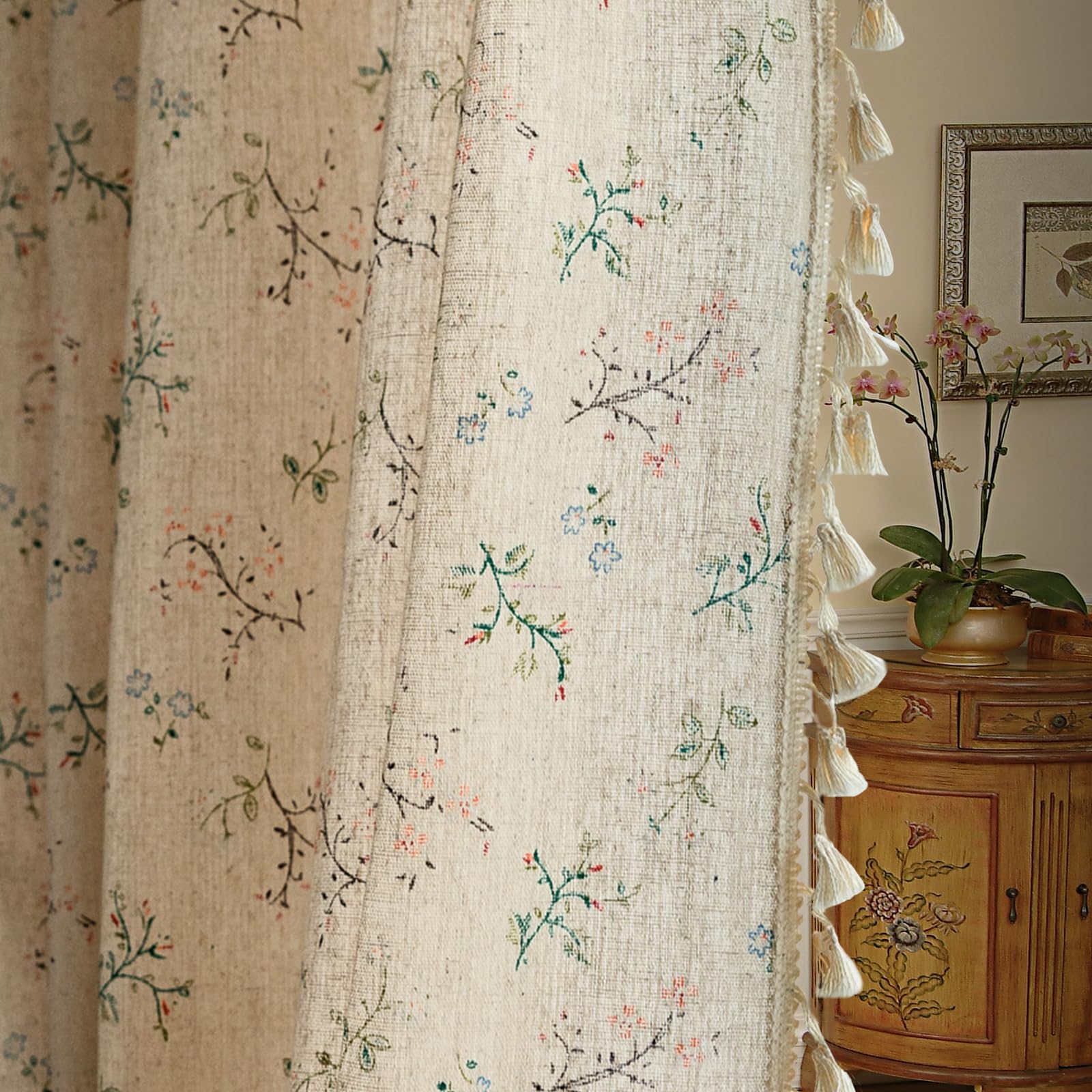 Green Boho Floral Curtains 84", 2 Panels Cotton Linen Semi-Blackout Drapes with Tassel