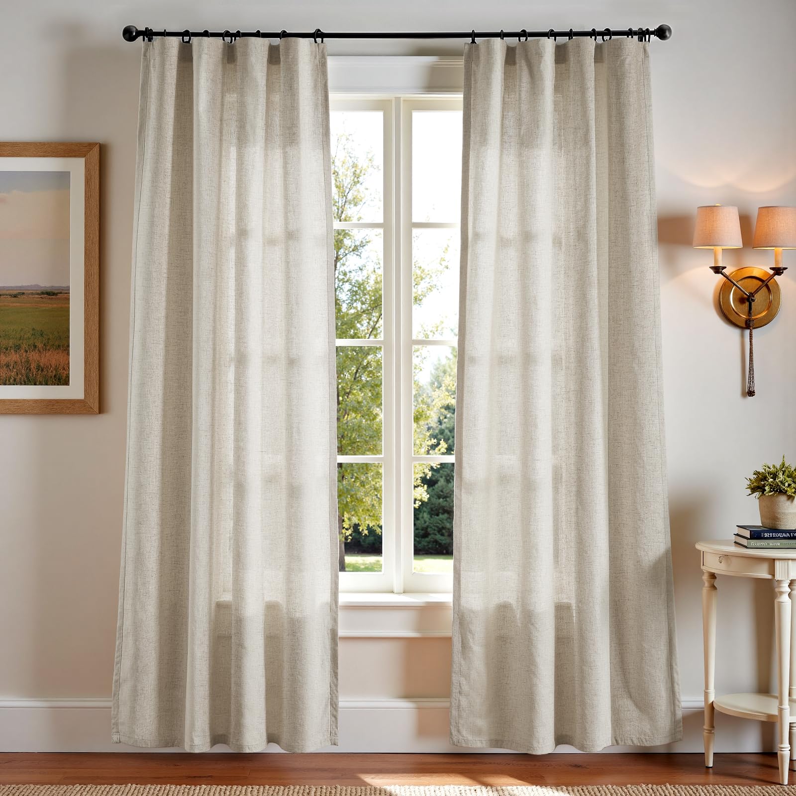 Linen Curtains for Living Room Bedroom 84 Inches Long Thick Linen Textured Beige Curtains Light Filtering Natural Semi Sheer Farmhouse Window Drapes, Country Rustic Drapes 2 Panels Back Tab/Rod Pocket
