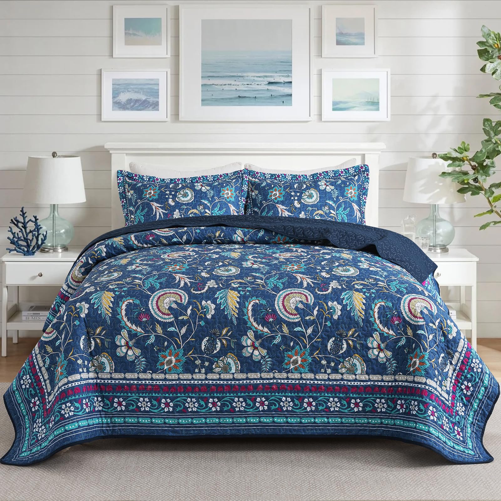 NEWLAKE Quilt Set Queen Size, 100% Cotton Patchwork Green Bohemian Quilt Sets, Reversible Bedspread Lightweight and Breathable for All Seasons, Soft Quilted Bedspread with 2 Pillow Shams
