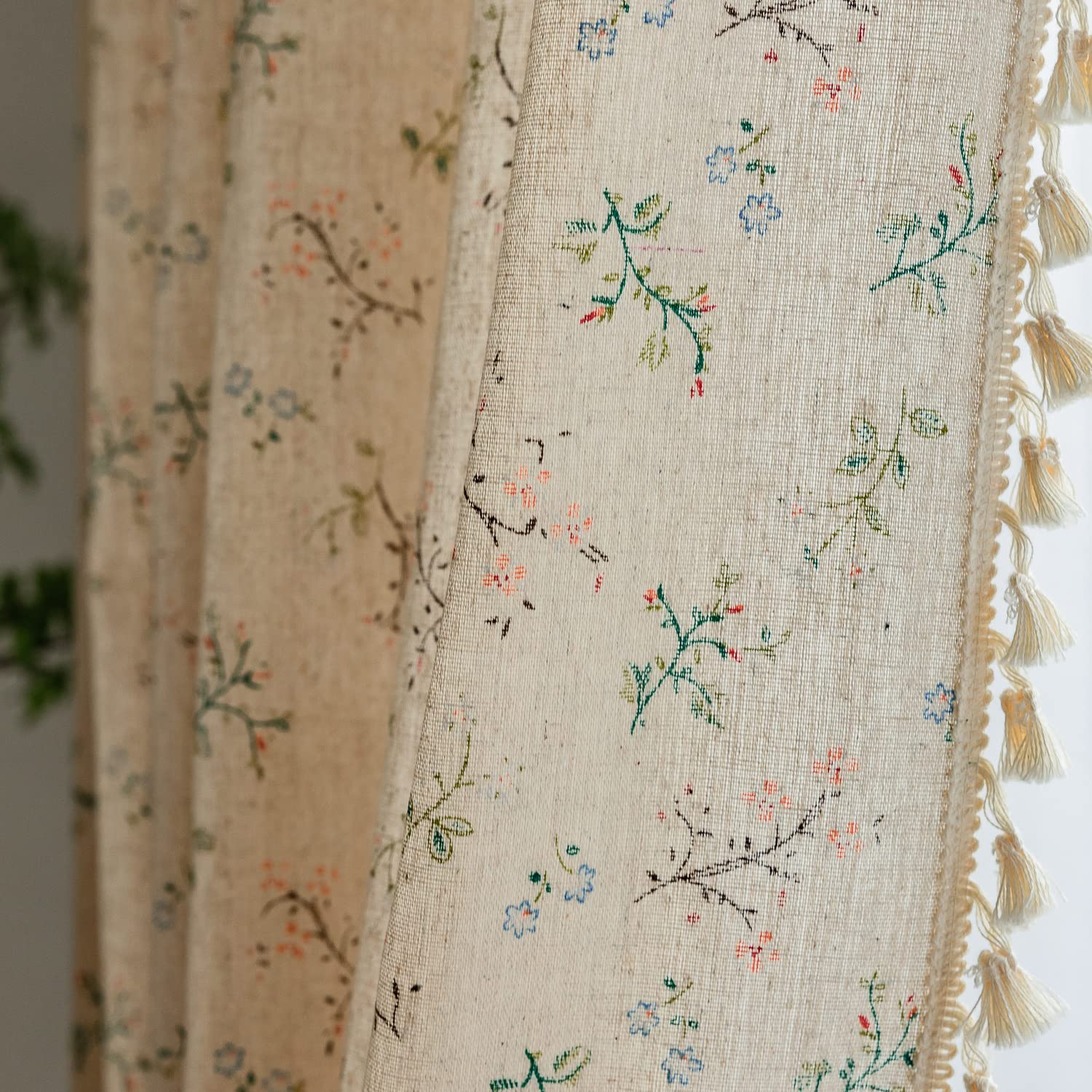 Green Boho Floral Curtains 84", 2 Panels Cotton Linen Semi-Blackout Drapes with Tassel