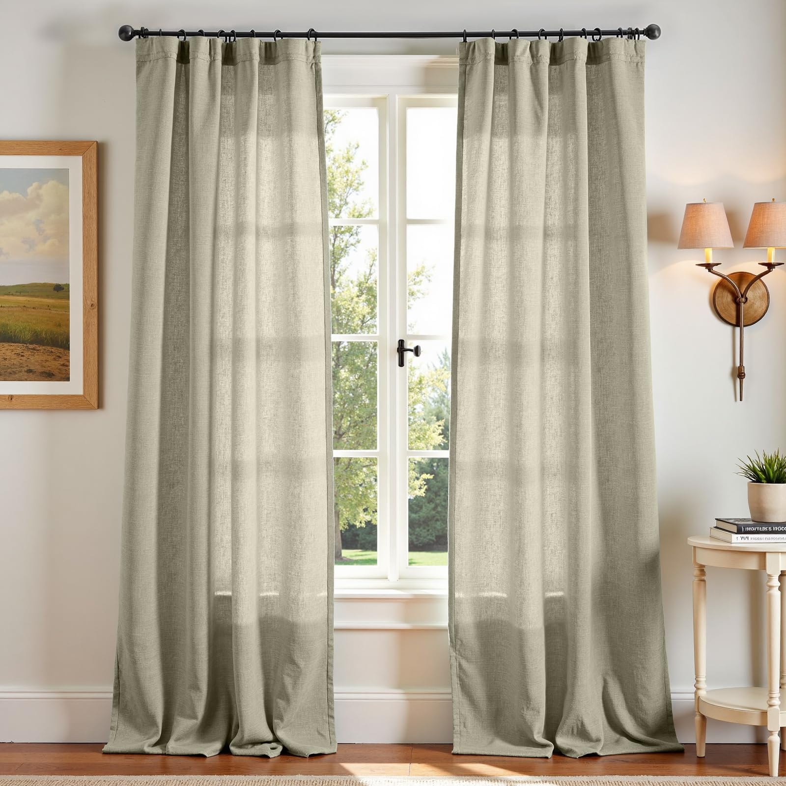 Linen Curtains for Living Room Bedroom 84 Inches Long Thick Linen Textured Beige Curtains Light Filtering Natural Semi Sheer Farmhouse Window Drapes, Country Rustic Drapes 2 Panels Back Tab/Rod Pocket