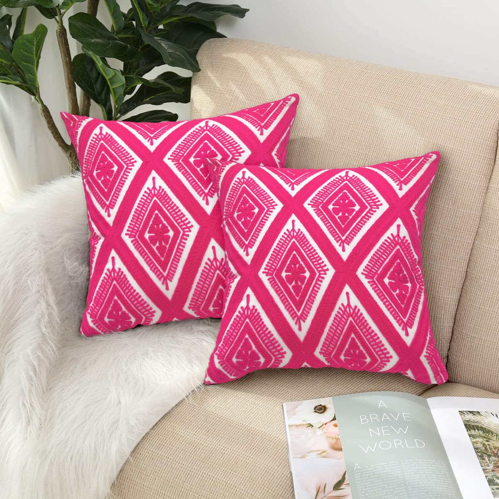 Navy Blue Boho Geometric Pillow Covers 18x18", Set of 2 Embroidered Cotton Cushion Cases