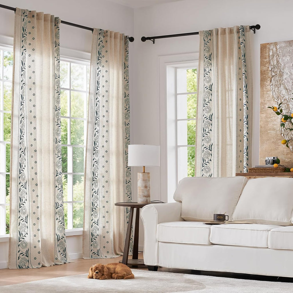 jinchan Winslow Linen Curtains for Bedroom 84 Inches Length Embroidered Bordered Floral Curtains for Living Room Farmhouse Decor Light Filtering Window Treatments Blue on Beige Drapes 2 Panels
