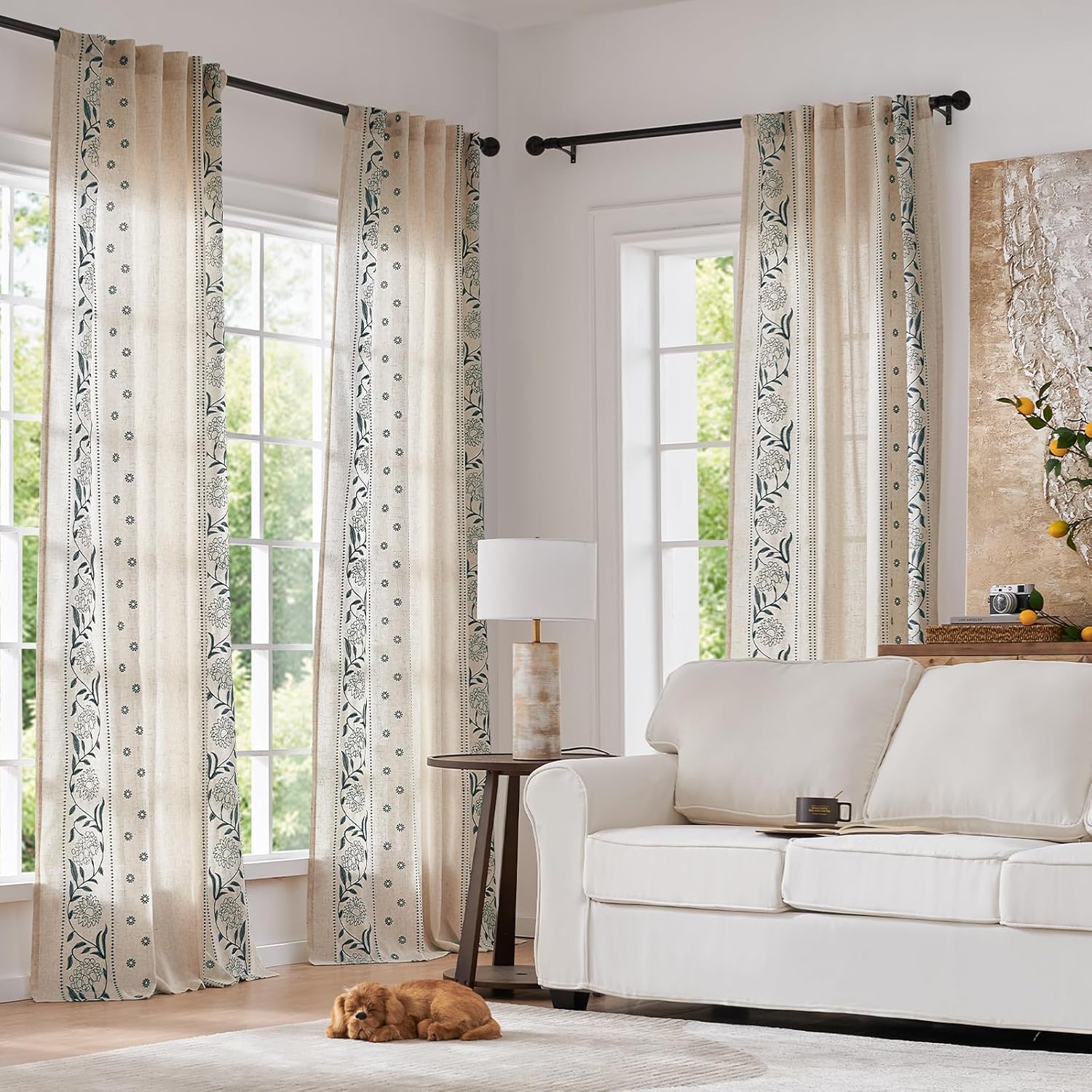 jinchan Winslow Linen Curtains for Bedroom 84 Inches Length Embroidered Bordered Floral Curtains for Living Room Farmhouse Decor Light Filtering Window Treatments Blue on Beige Drapes 2 Panels