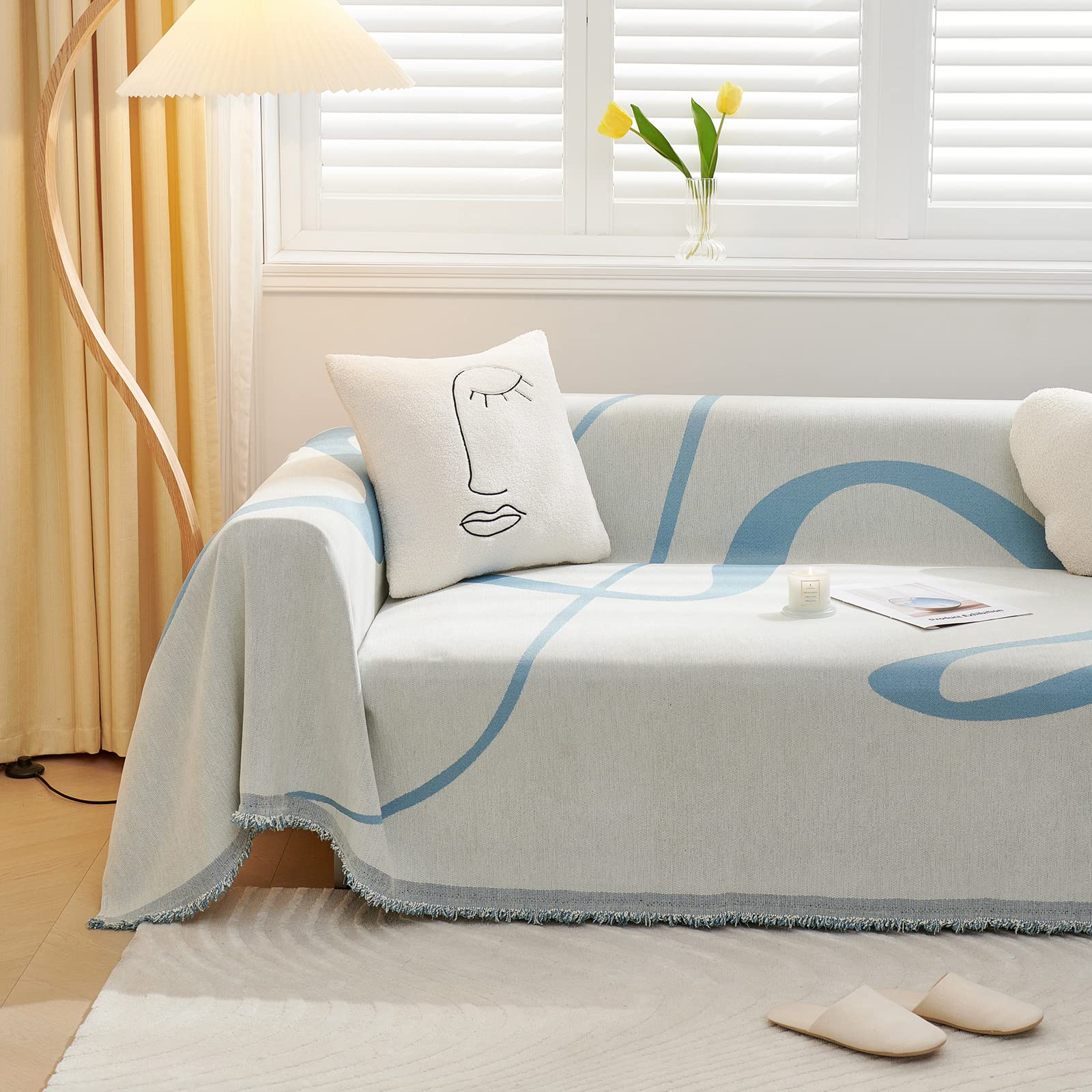 VClife Boho Couch Cover, Washable Sofa Cover for Dog, Non Slip Couch Covers for 3 Cushion Couch, Modern Khaki Creamy White Geometric Sofa Slipcovers Multi-Functional Furniture Protector 71'' x 134''