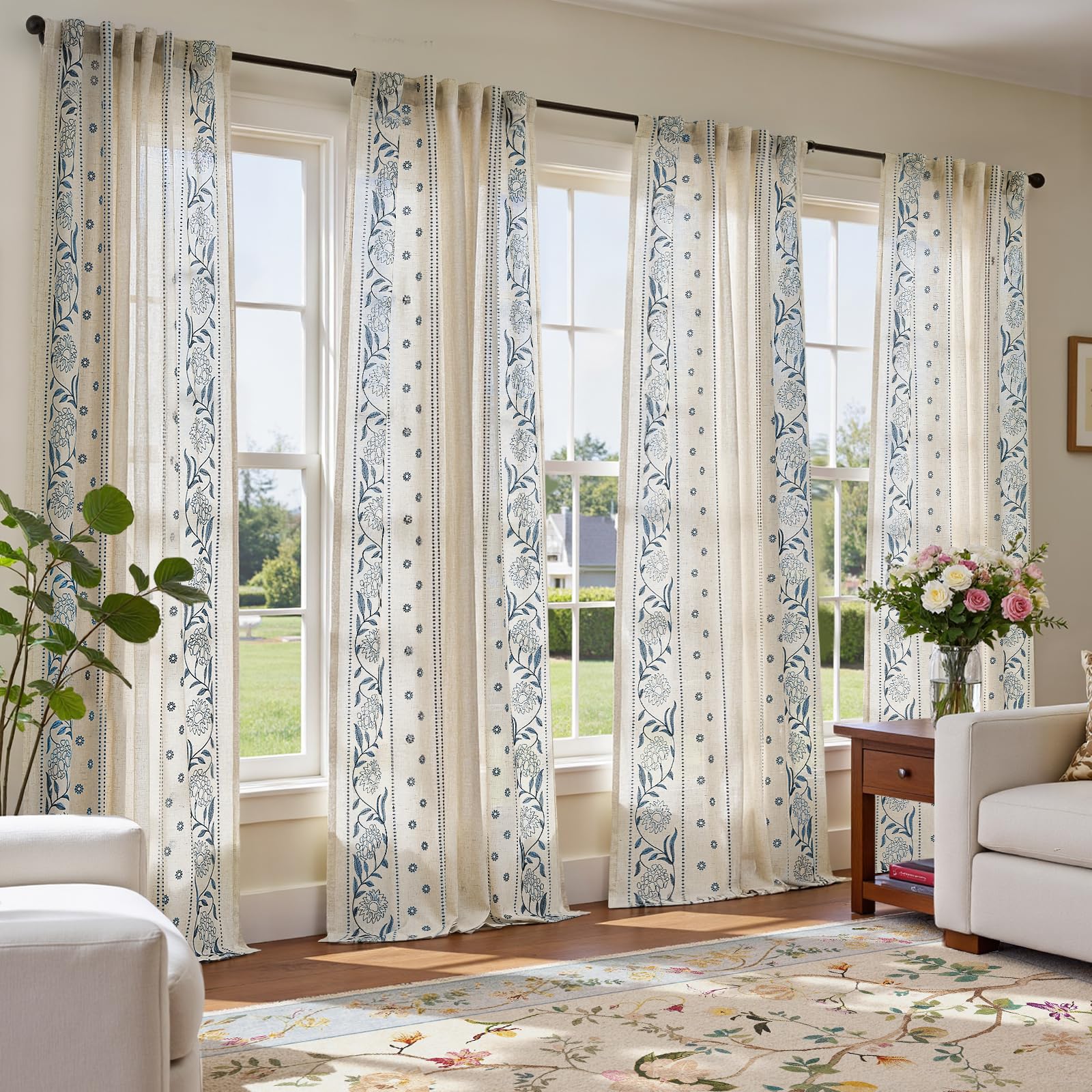jinchan Winslow Linen Curtains for Bedroom 84 Inches Length Embroidered Bordered Floral Curtains for Living Room Farmhouse Decor Light Filtering Window Treatments Blue on Beige Drapes 2 Panels