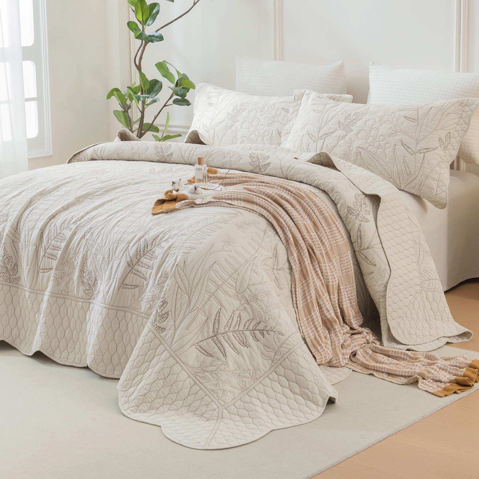 Sanracie 100% Cotton Quilt Queen Size(90"x98")-Floral Quilted Bedspreads Set,3pcs Yellow Wild Flower Botanical Printed Pattern Quilt Bedding Coverlet Summer Soft Lightweight Aesthetic Bedding