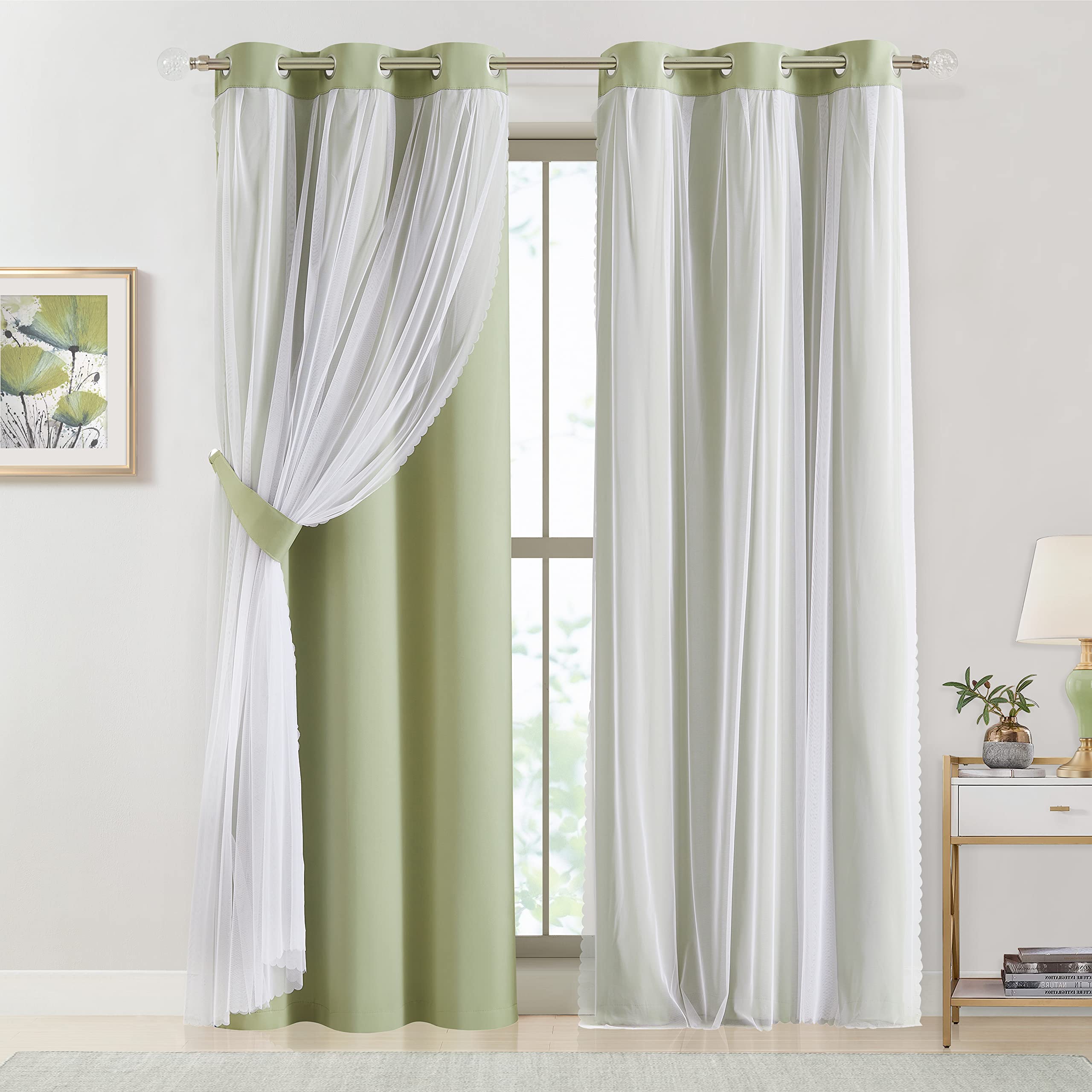 Bujasso Beige 90% Blackout Curtains with Sheer Overlay Mix and Match Double Layer Thermal Insulated Window Panels 84 inch for Living Room Bedroom Beige Drapes with Tiebacks Grommet Top 37" Wx84 Lx2