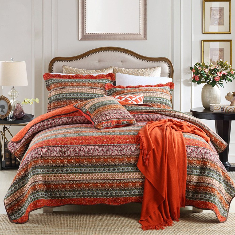 NEWLAKE Quilt Set Queen Size, 100% Cotton Patchwork Green Bohemian Quilt Sets, Reversible Bedspread Lightweight and Breathable for All Seasons, Soft Quilted Bedspread with 2 Pillow Shams