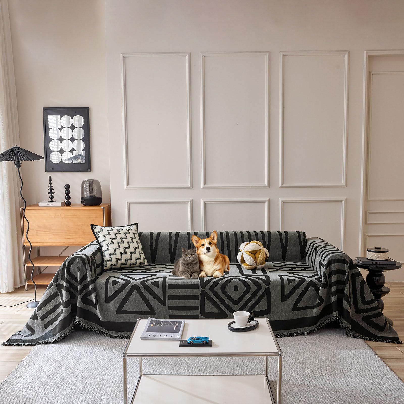 VClife Boho Couch Cover, Washable Sofa Cover for Dog, Non Slip Couch Covers for 3 Cushion Couch, Modern Khaki Creamy White Geometric Sofa Slipcovers Multi-Functional Furniture Protector 71'' x 134''