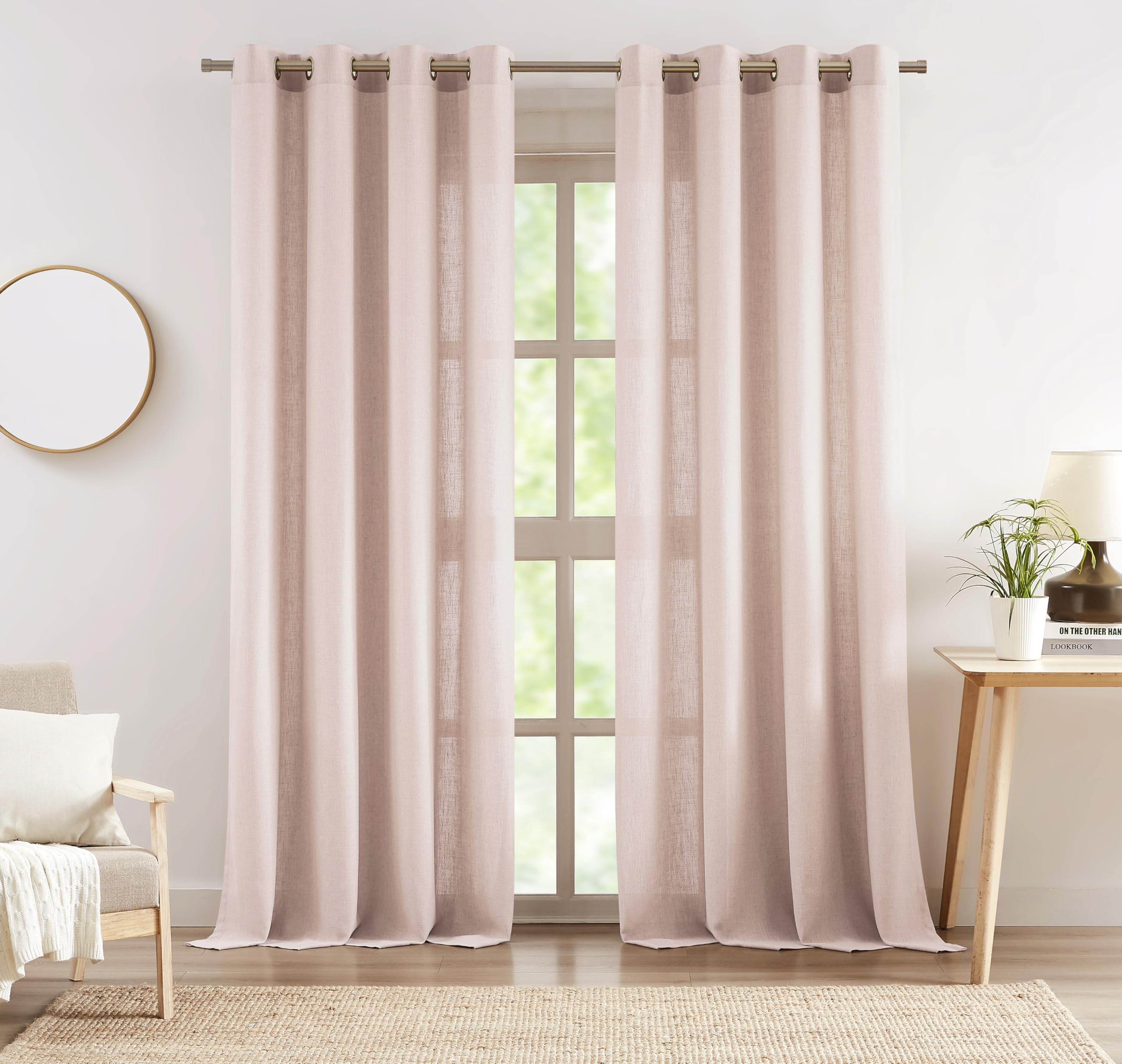 2 Panels Soft Green Linen Blend Sheer Curtains 58"x95", Grommet Light Filtering Drapes