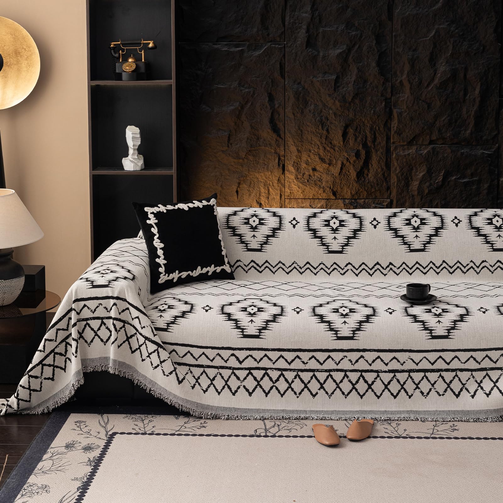 VClife Boho Couch Cover Blue Geometric Jacquard Pattern Sofa Cover, 1 Piece Large Couch Covers for 3 Cushion Couch Sofa Washable Plush Chenille Sofa Protector for Living Room, 71x134 Inch
