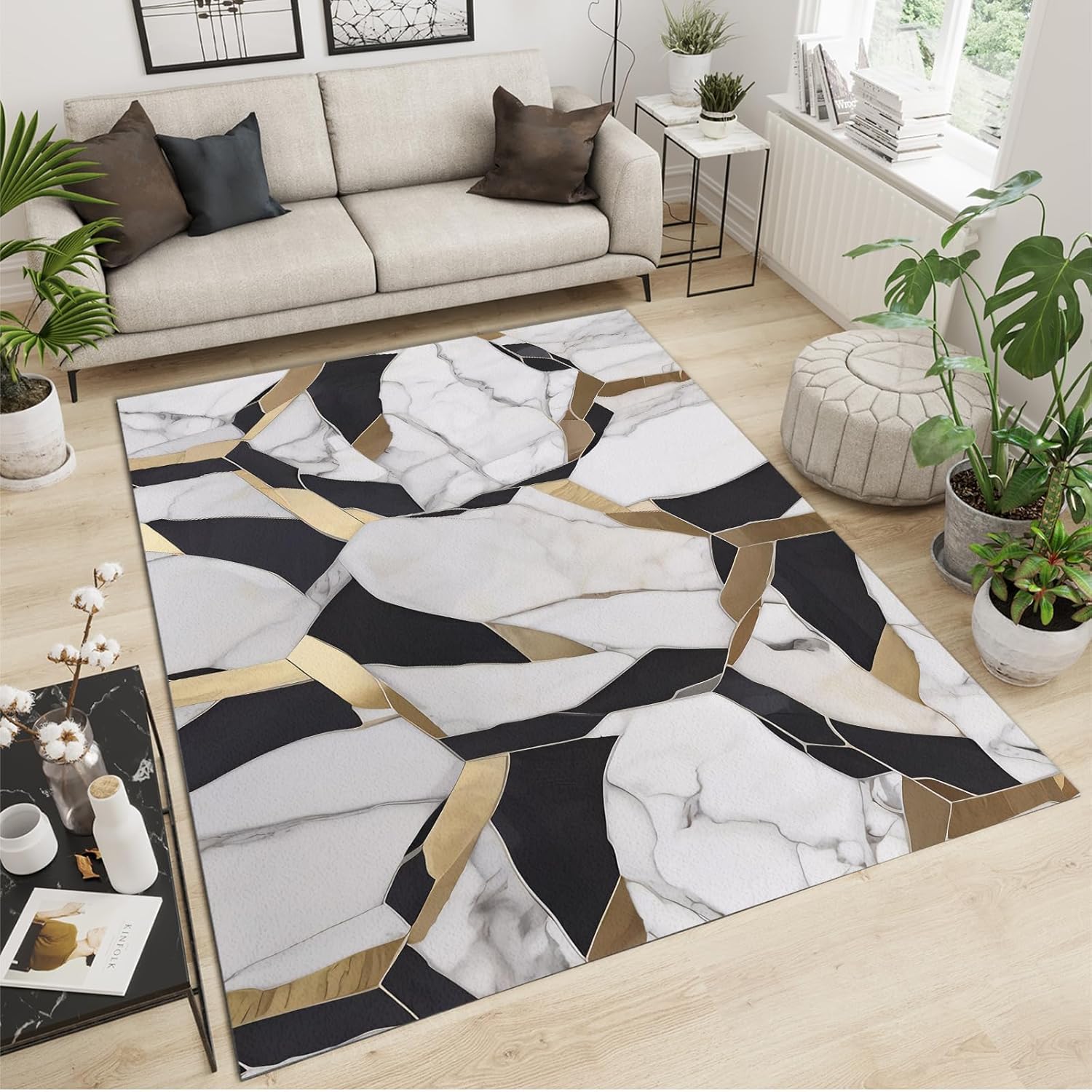 3x5 Rug Minimalist Light Luxury Washable Rugs, Nordic Marble Irregular Geometry Bedroom Rugs with Non Slip Backing for Bedroom Hotel Hardwood Floors Garage Farmhouse