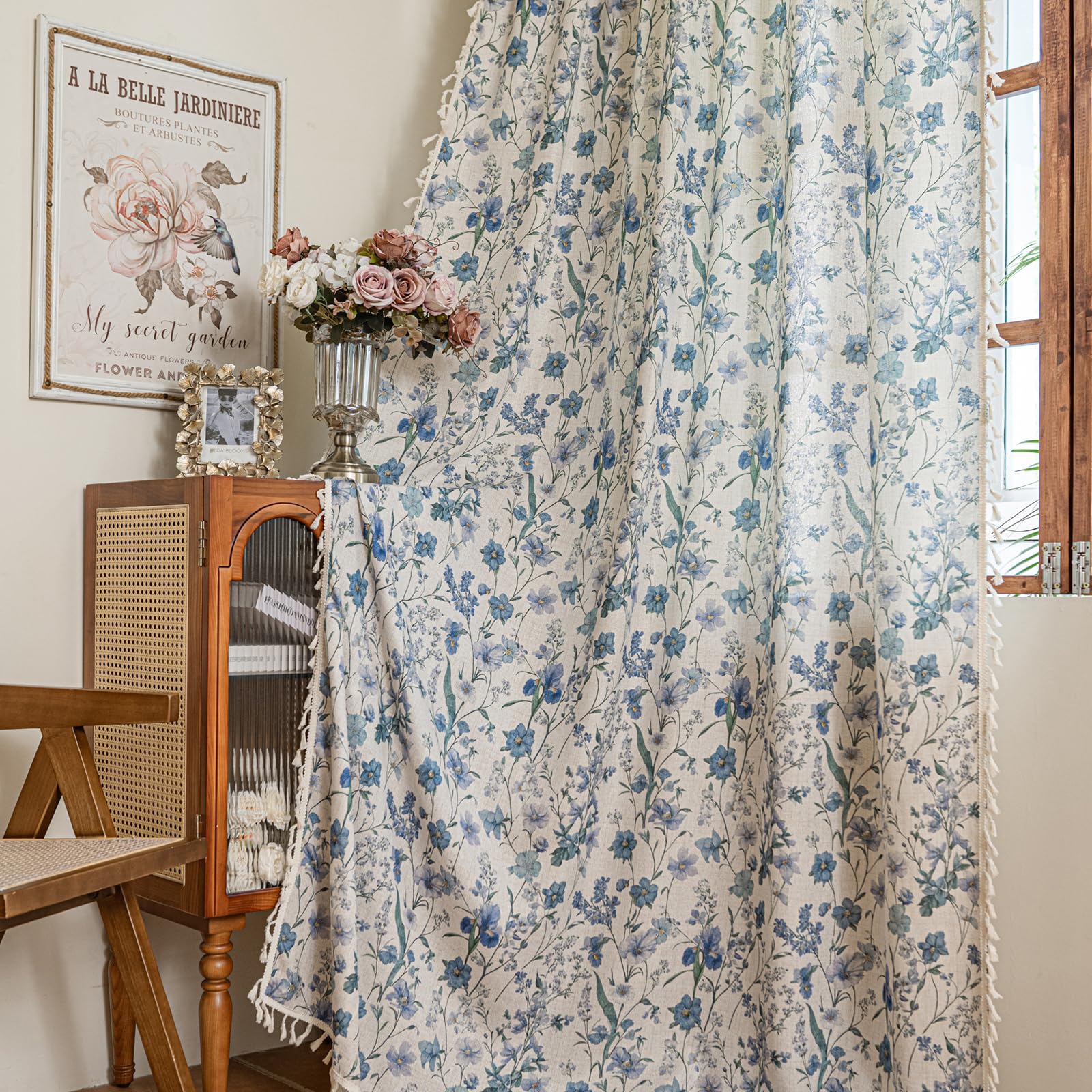 Green Boho Floral Curtains 84", 2 Panels Cotton Linen Semi-Blackout Drapes with Tassel