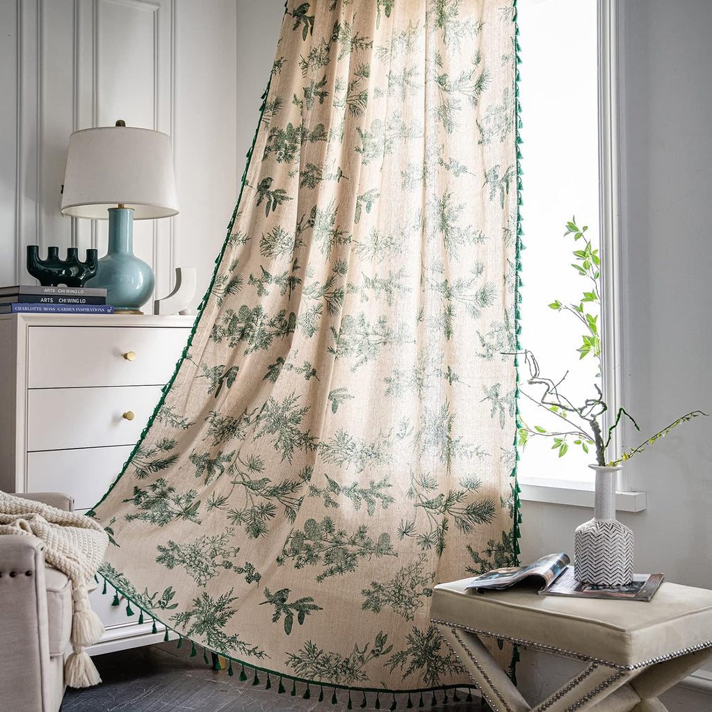 Green Boho Floral Curtains 84", 2 Panels Cotton Linen Semi-Blackout Drapes with Tassel