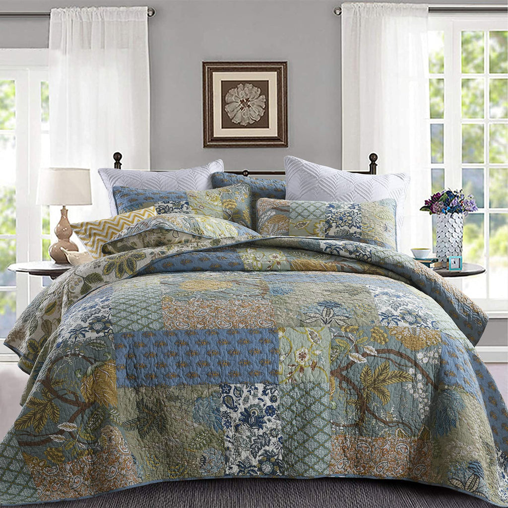 Yvooxny Quilts Queen Size Reversible Lightweight Bedspread 3-Piece Quilt Set Plaid Floral Patchwork 100% Cotton Queen Quilt Set Bedding Set with Pillow Shams for All Seasons, Azure Blue, 90x98''