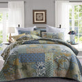 Yvooxny Quilts Queen Size Reversible Lightweight Bedspread 3-Piece Quilt Set Plaid Floral Patchwork 100% Cotton Queen Quilt Set Bedding Set with Pillow Shams for All Seasons, Azure Blue, 90x98''