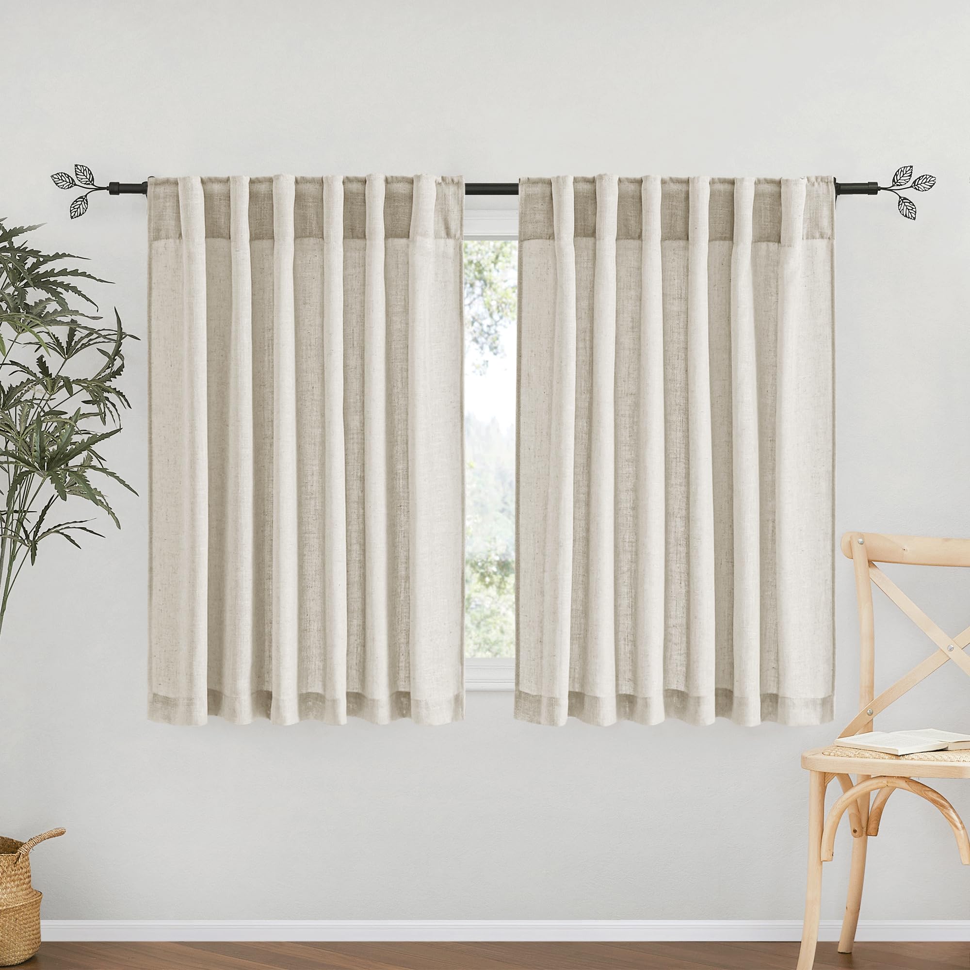 RYB HOME Semi Sheer Curtains - Linen Blend Privacy Curtains Sheer Window Treatment Drapes Farmhouse Decor for Bedroom Living Room Sliding Glass Door, 52 inch Wide x 95 inch Long 2 Panels, Linen