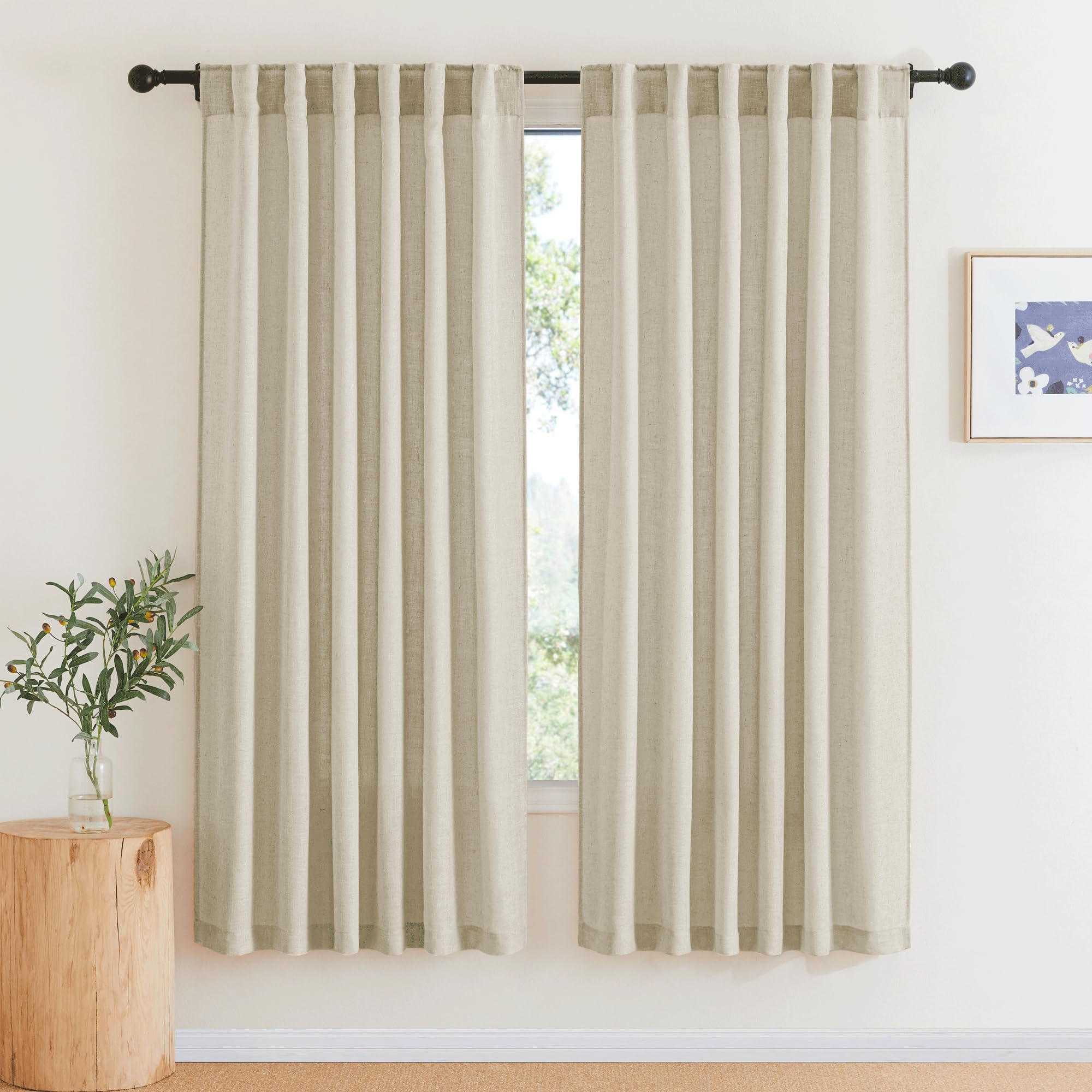 RYB HOME Semi Sheer Curtains - Linen Blend Privacy Curtains Sheer Window Treatment Drapes Farmhouse Decor for Bedroom Living Room Sliding Glass Door, 52 inch Wide x 95 inch Long 2 Panels, Linen