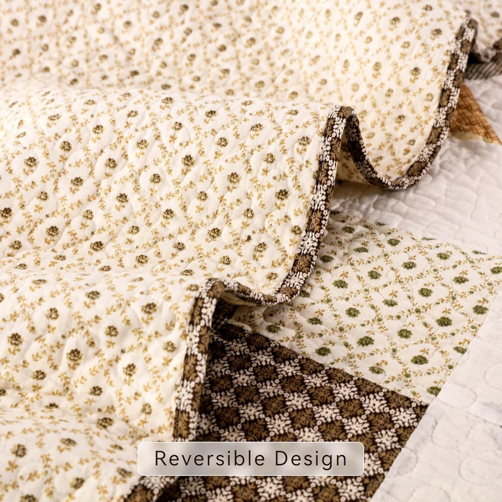 YAYIDAY Quilts Queen Size Patchwork Bedspread Set - 100% Cotton Reversible Breathable Brown Geometric Quilted Quilt with Pillow Shams for All Seasons