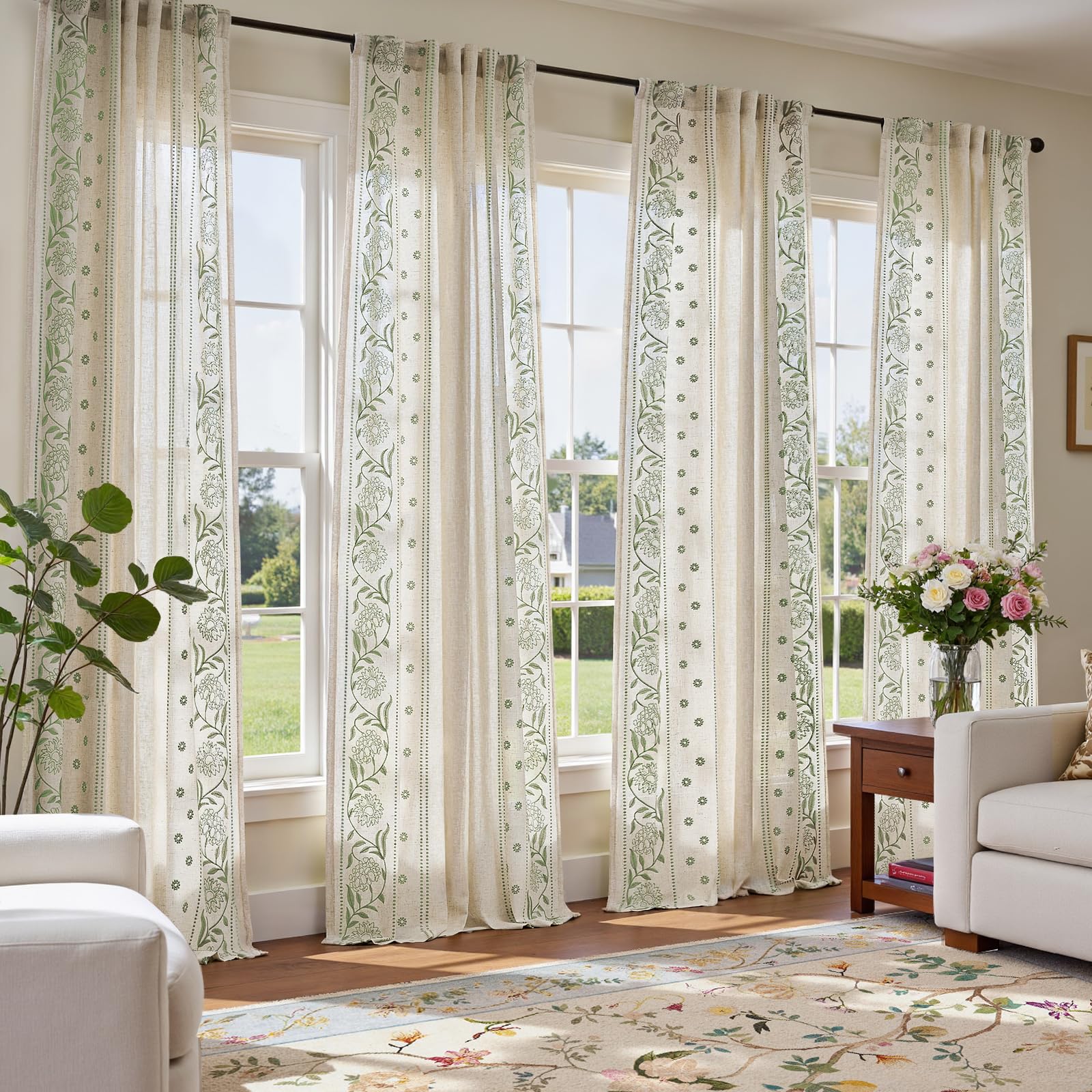 jinchan Winslow Linen Curtains for Bedroom 84 Inches Length Embroidered Bordered Floral Curtains for Living Room Farmhouse Decor Light Filtering Window Treatments Blue on Beige Drapes 2 Panels