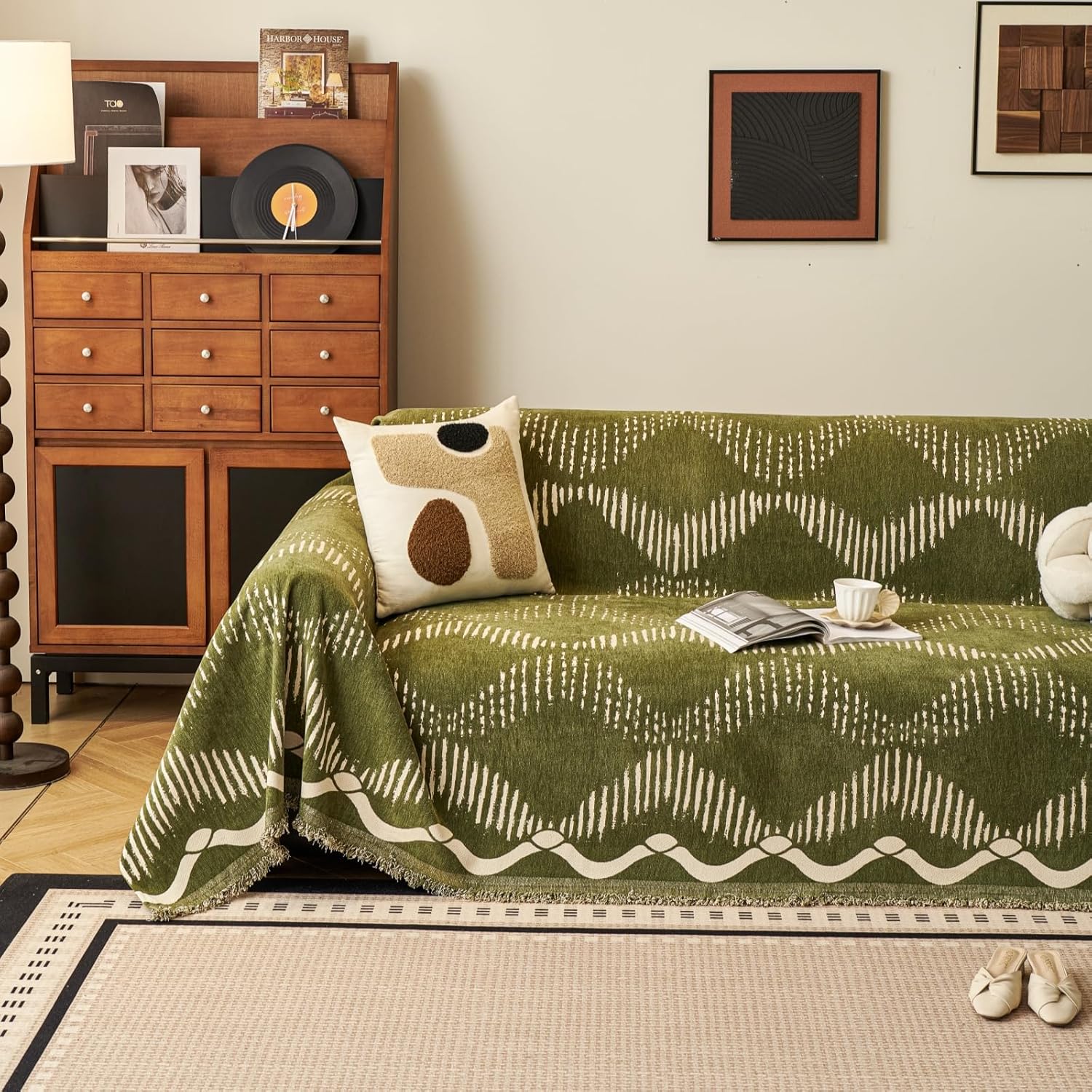 Green Geometric Couch Cover for 3 Cushion Sofa, Boho Reversible Couch Cover Sectional L Shape, Modern Home Decor Chenille Non Slip Washable Large Couch Protector for Dogs 71"x118"