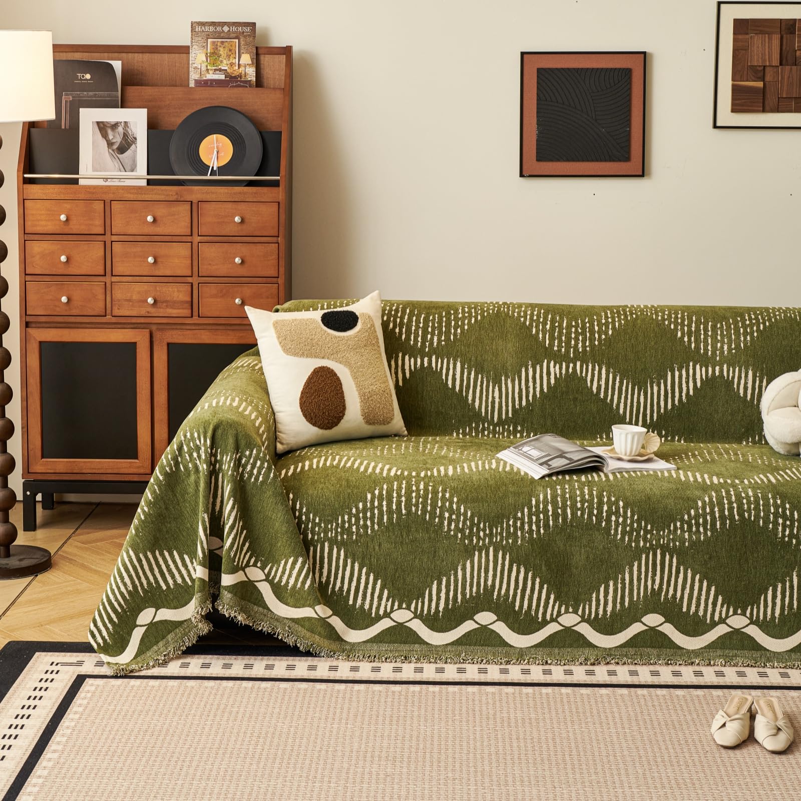 Green Geometric Couch Cover for 3 Cushion Sofa, Boho Reversible Couch Cover Sectional L Shape, Modern Home Decor Chenille Non Slip Washable Large Couch Protector for Dogs 71"x118"